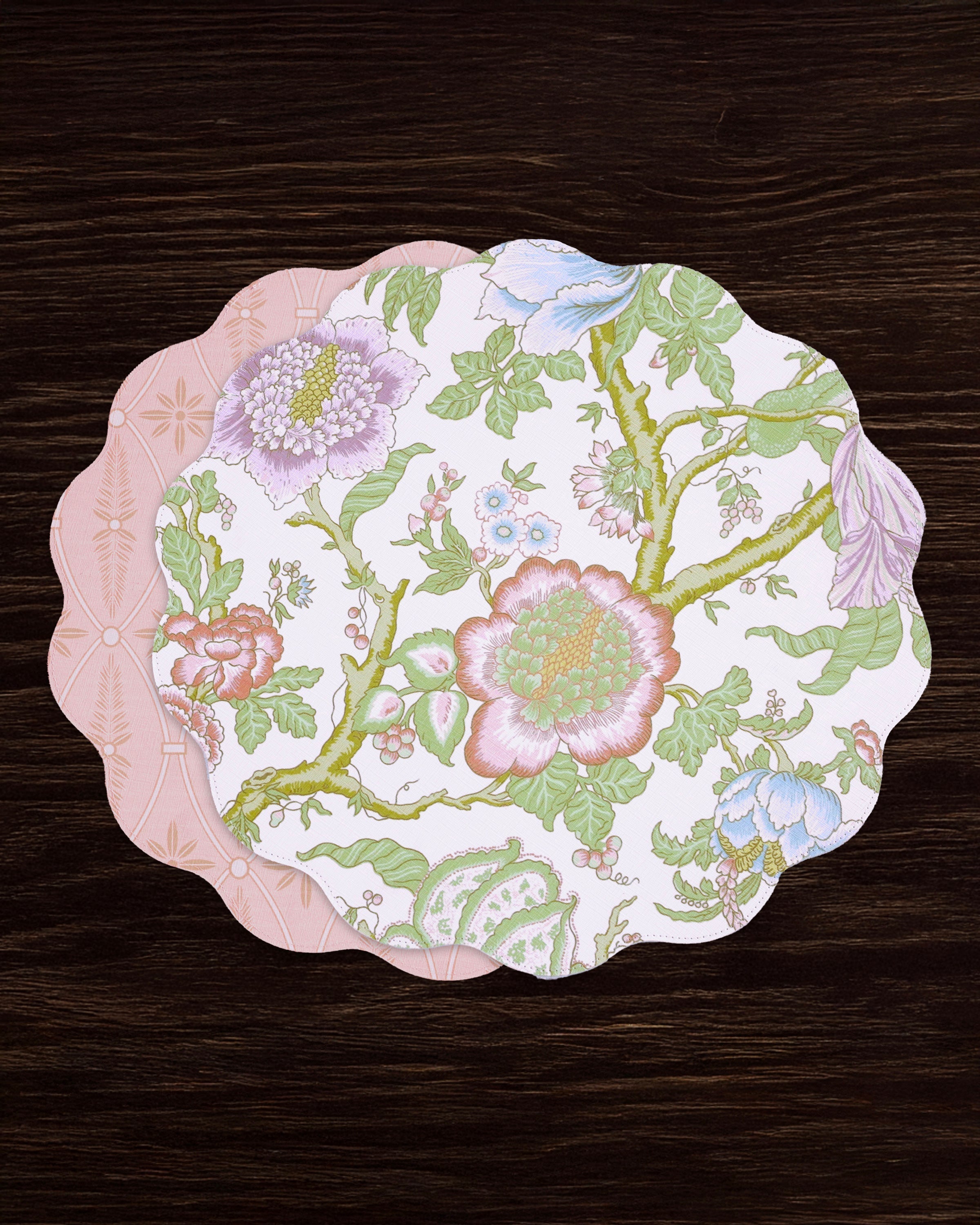 Beatriz Ball Giftware Beatriz Ball VIDA Blooms  & Branches Reversible  Round Placemats Set of 4 Pastel Pink & Blue