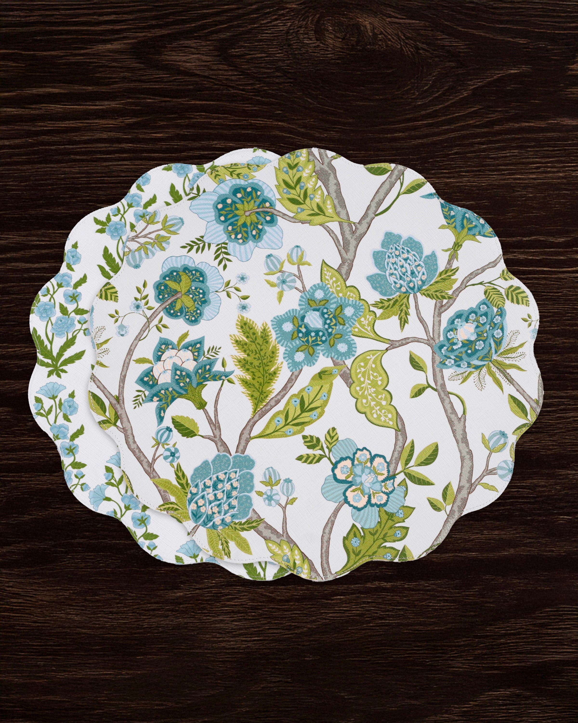 Beatriz Ball Giftware Beatriz Ball VIDA Blooms & Branches Reversible  Round Placemats Set of 4 Teal & Green