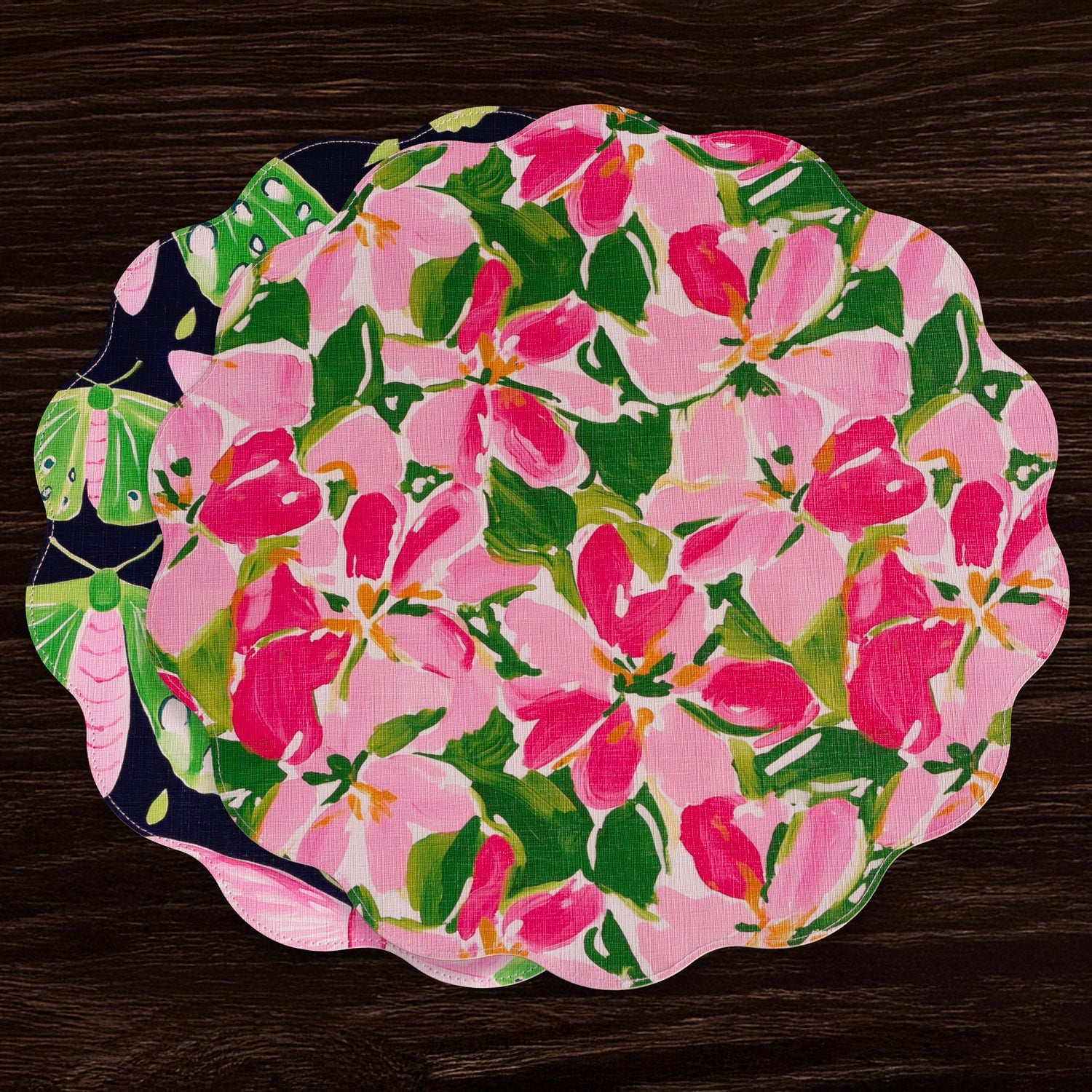 Beatriz Ball Giftware Beatriz Ball VIDA Butterflies & Flowers Reversible  Round Placemats Set of 4 (Pink & Green)