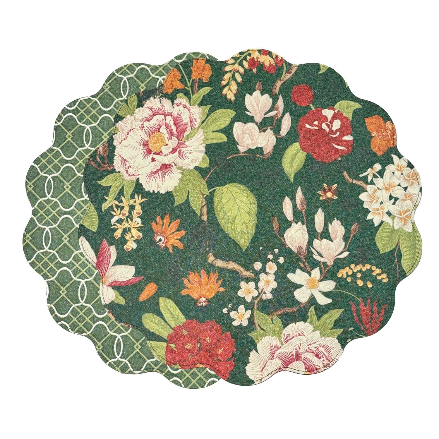 Beatriz Ball Giftware Beatriz Ball VIDA Cabbage Roses and Trellis Reversible Round Placemats Set of 4 Green & Red
