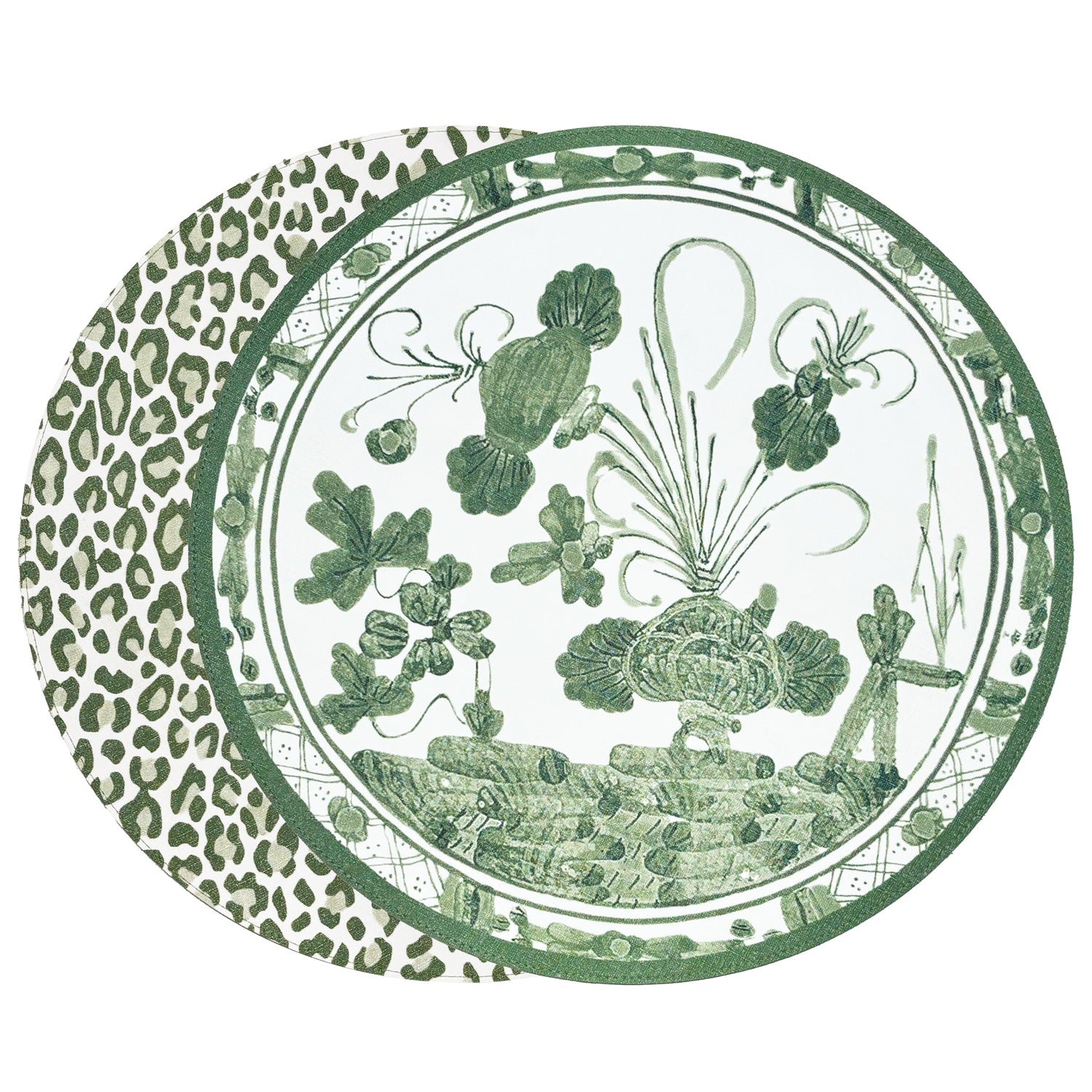Beatriz Ball Giftware Beatriz Ball VIDA Faenza and Cheetah Reversible Round Placemats Set of 4 White & Green