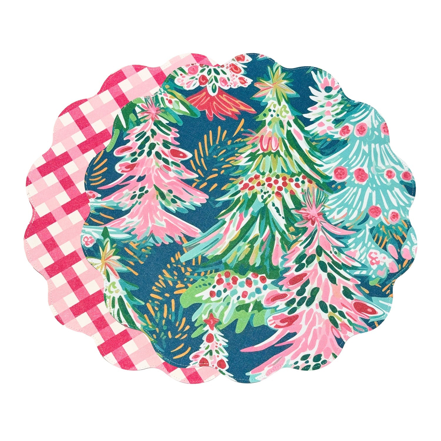 Beatriz Ball Giftware Beatriz Ball VIDA Holiday Trees and Preppy Plaid Reversible  Round Placemats Set of 4 Pink & Green - PRE-ORDER