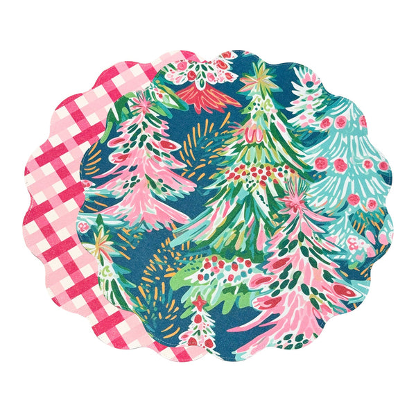 Beatriz Ball Giftware Beatriz Ball VIDA Holiday Trees and Preppy Plaid Reversible  Round Placemats Set of 4 Pink & Green - PRE-ORDER