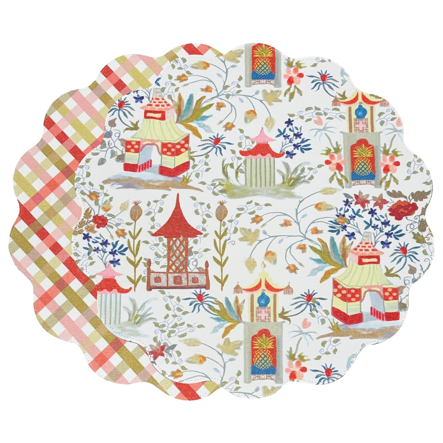 Beatriz Ball Giftware Beatriz Ball VIDA Pagoda and Carlie Plaid Reversible 15.5 Round Placemats Set of 4 Red & Orange