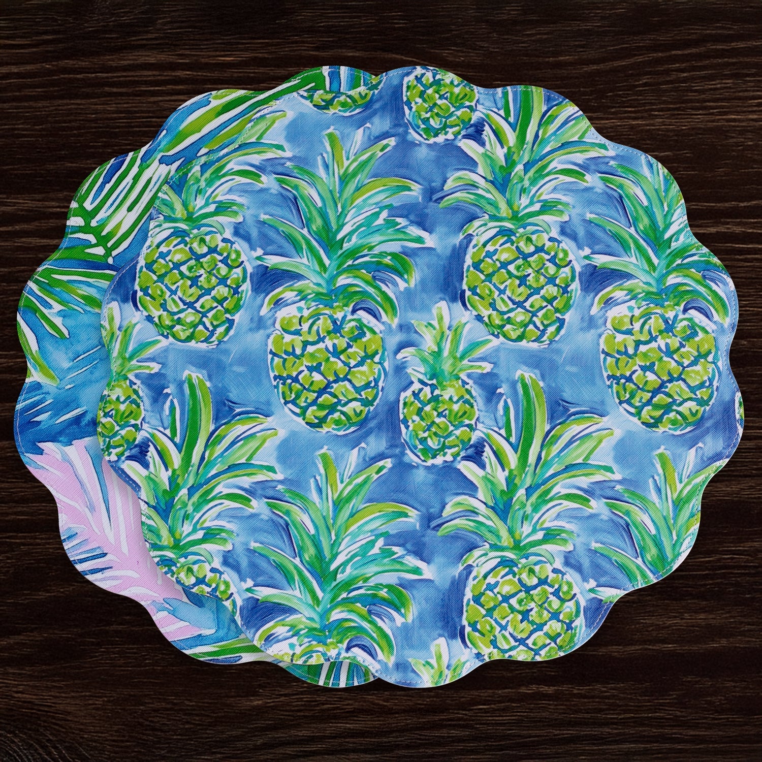 Beatriz Ball Giftware Beatriz Ball VIDA Pineapples & Palms Reversible  Round Placemats Set of 4 (Blue & Green)