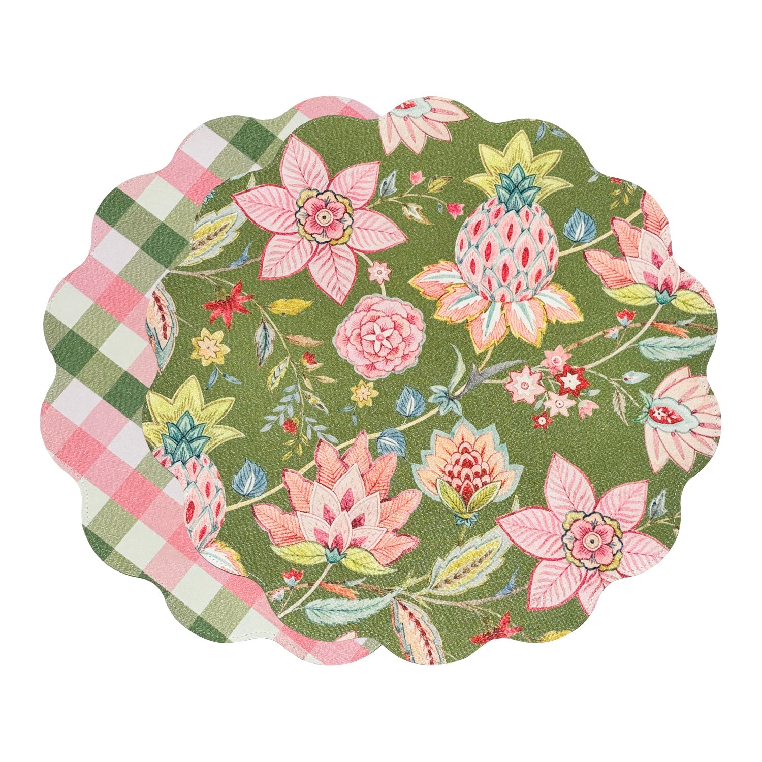 Beatriz Ball Giftware Beatriz Ball VIDA Tropical Floral and Preppy Plaid Reversible Round Placemats Set of 4 Pink & Green
