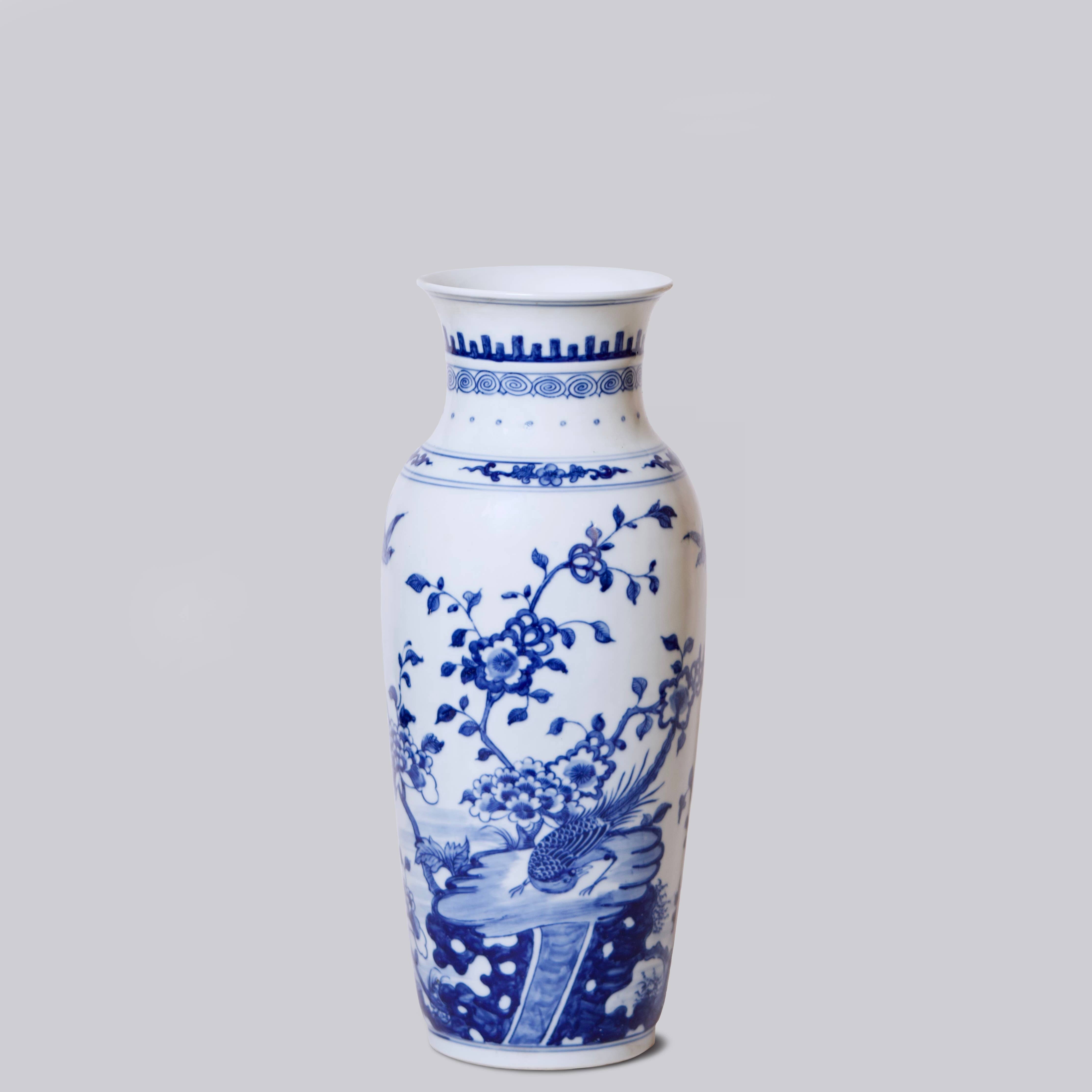 Cobalt Guild Home Decor Bird and Flower Blue and White Porcelain Mallet Vase