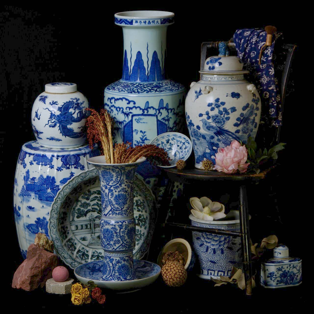 Cobalt Guild Home Decor Bird and Flower Blue and White Porcelain Temple Jar