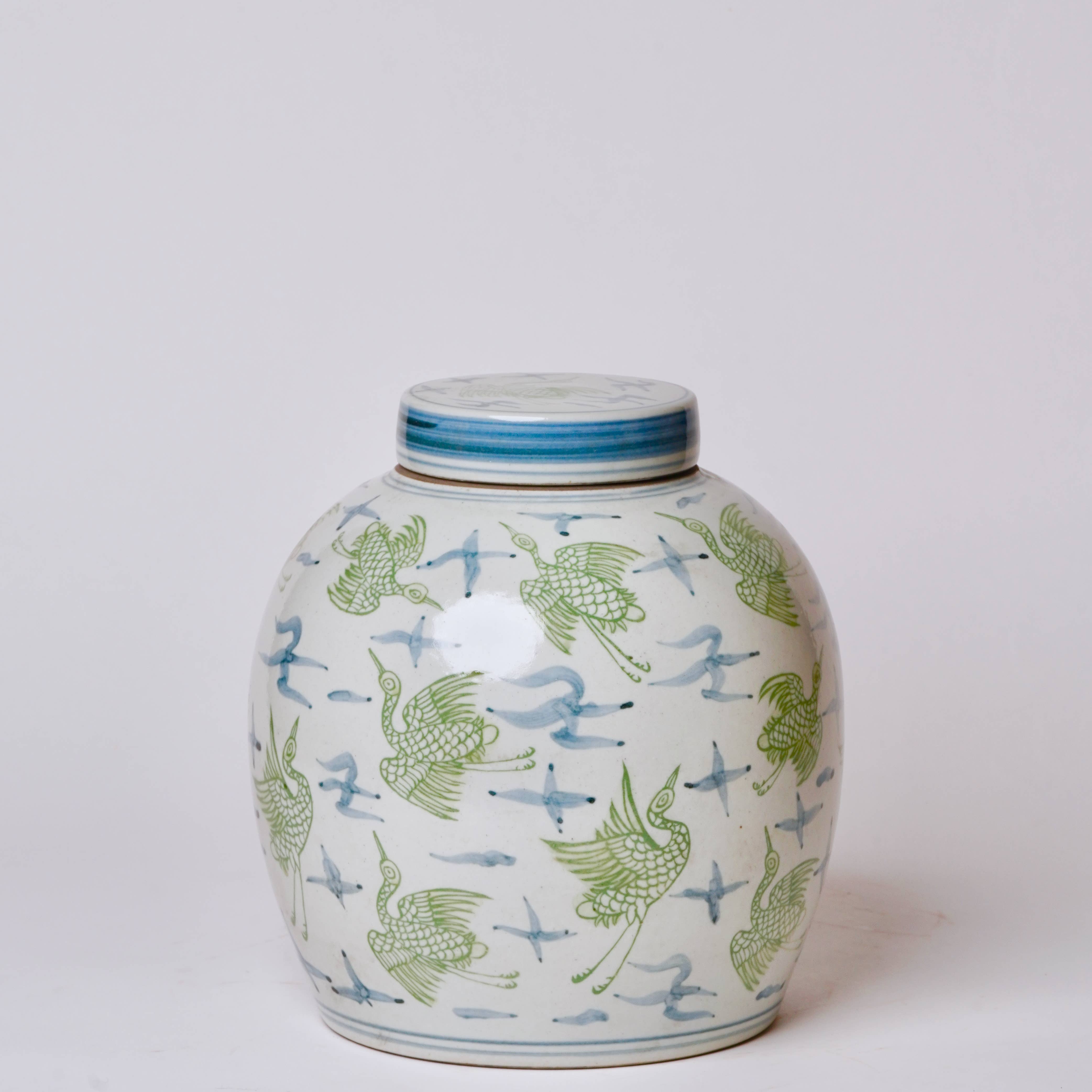 Cobalt Guild Home Decor Blue and Green Porcelain Cranes and Clouds Round Storage Jar