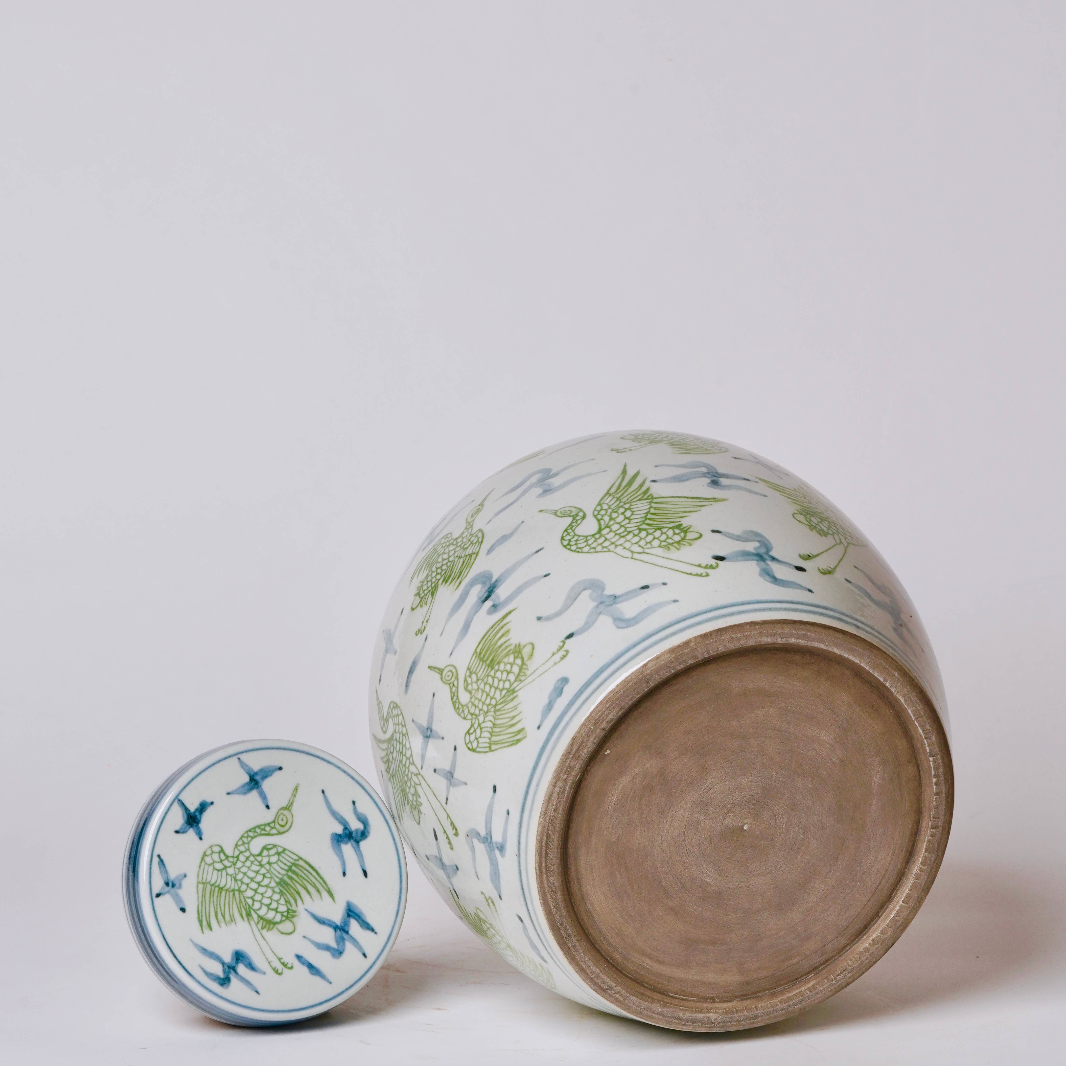 Cobalt Guild Home Decor Blue and Green Porcelain Cranes and Clouds Round Storage Jar