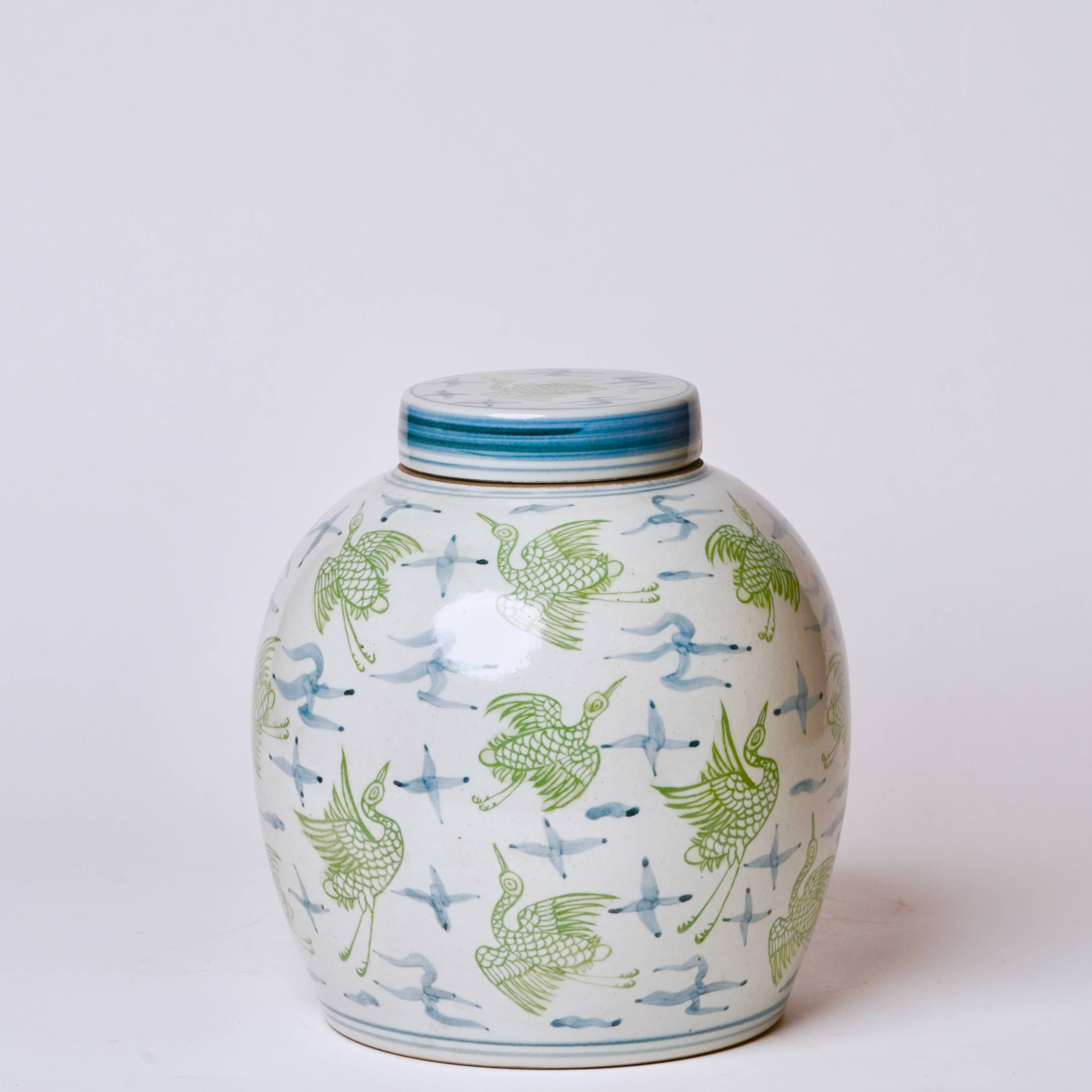 Cobalt Guild Home Decor Blue and Green Porcelain Cranes and Clouds Round Storage Jar