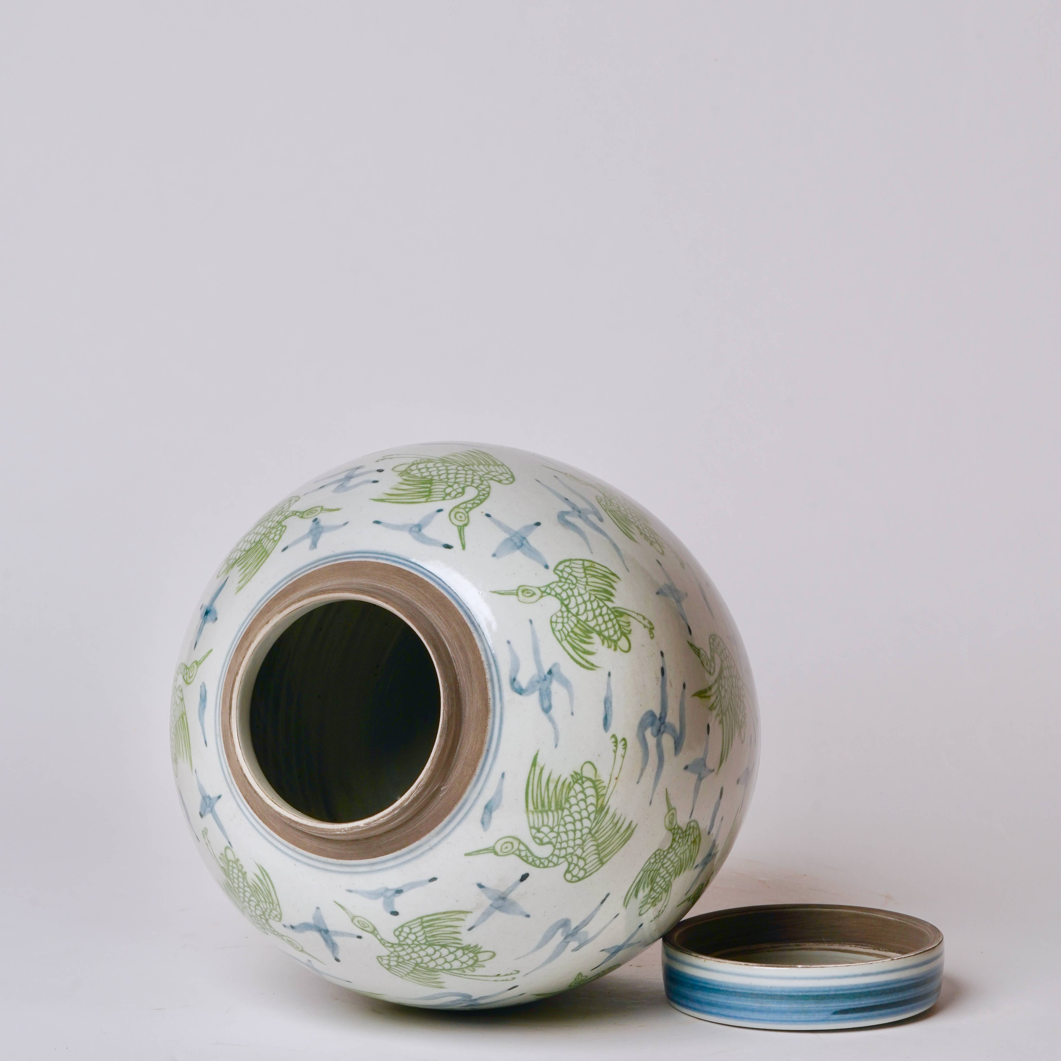 Cobalt Guild Home Decor Blue and Green Porcelain Cranes and Clouds Round Storage Jar