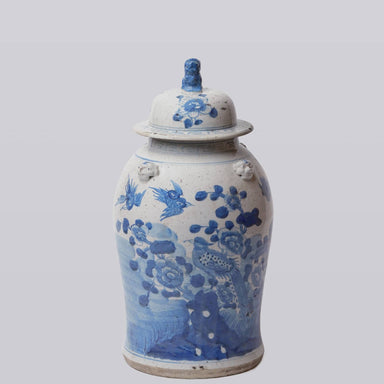 Cobalt Guild Home Decor Blue and White Bird and Flower Porcelain Temple Jar