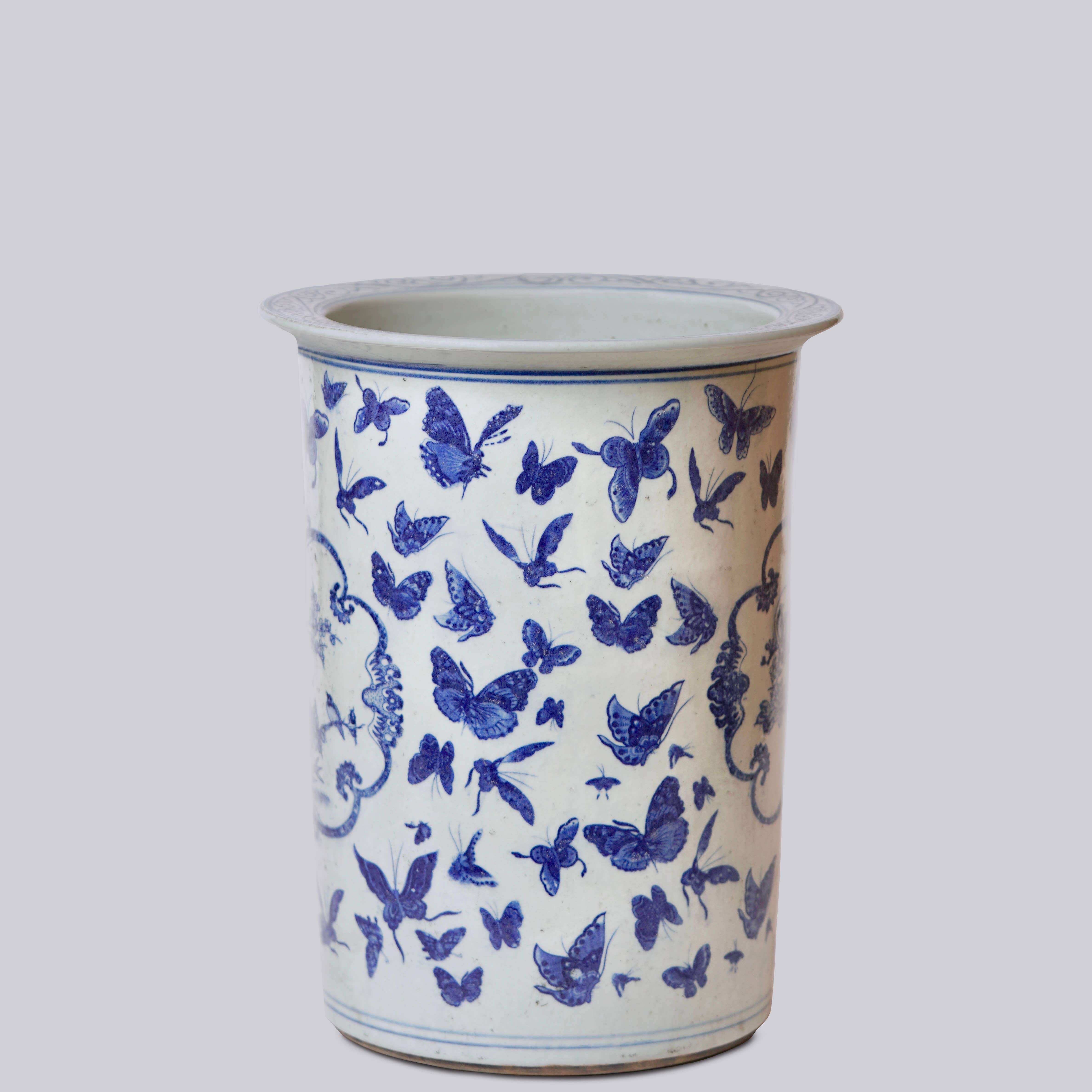 Cobalt Guild Home Decor Blue and White Butterfly Porcelain Umbrella Stand