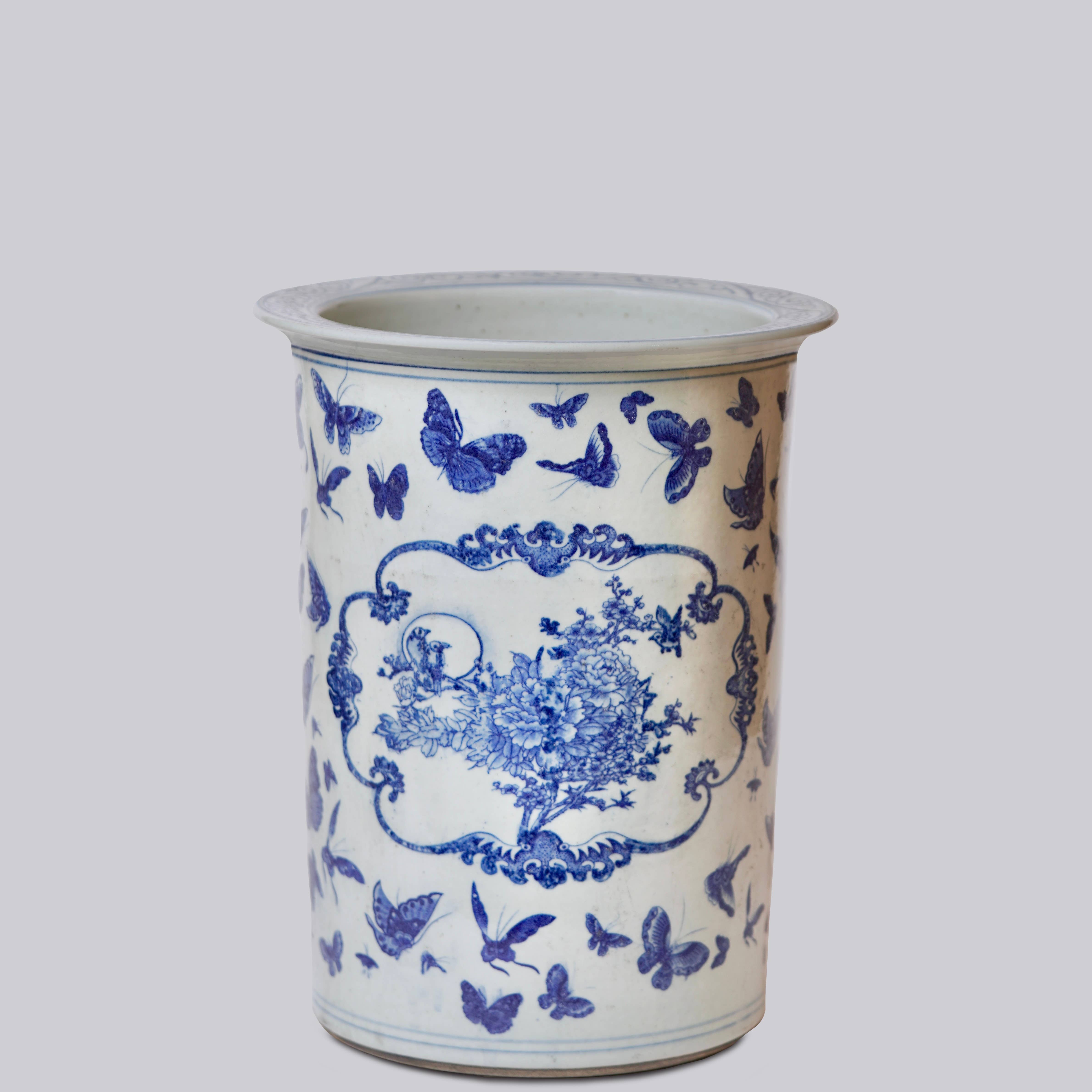 Cobalt Guild Home Decor Blue and White Butterfly Porcelain Umbrella Stand