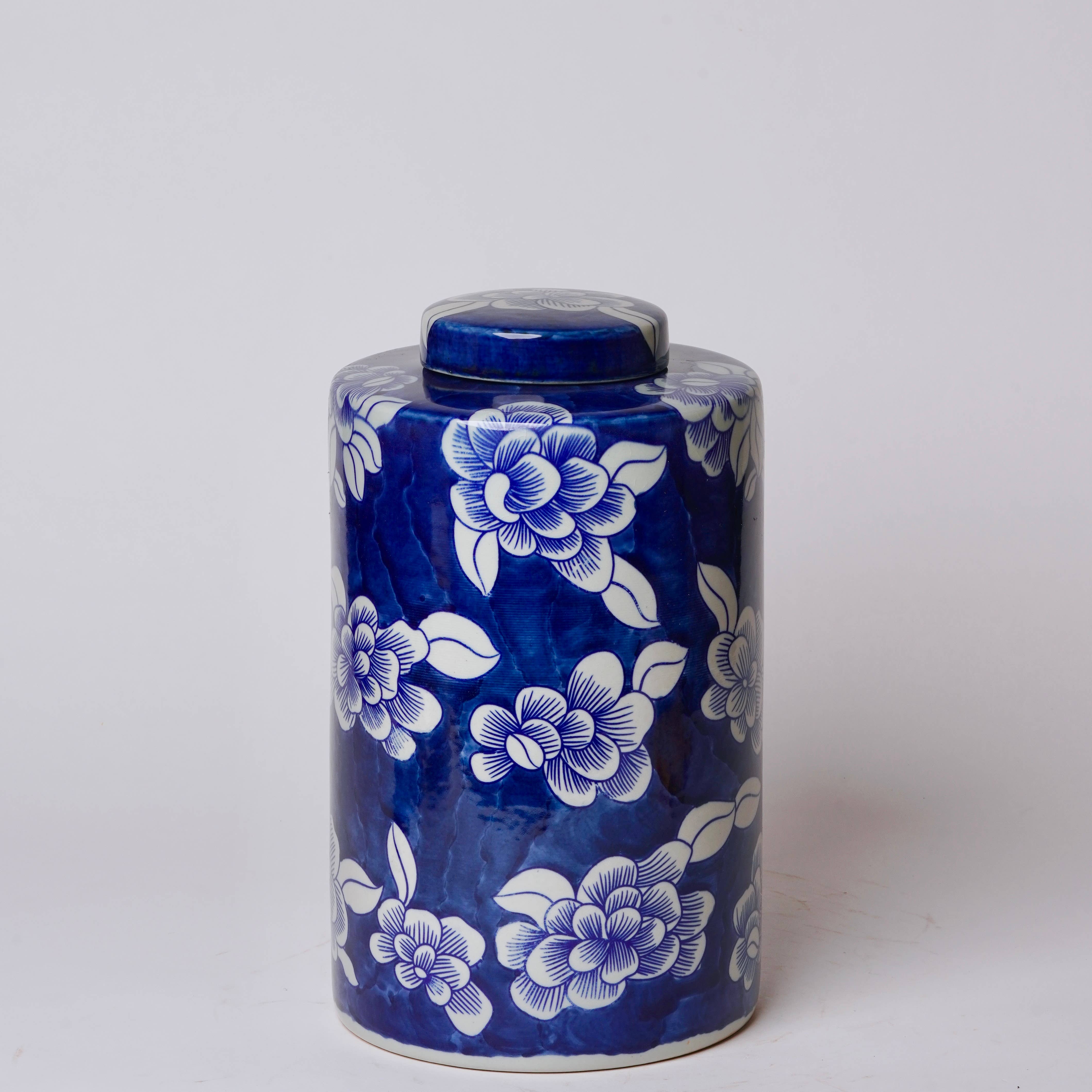 Cobalt Guild Home Decor Blue and White Camellia Porcelain Lidded Tea Canister