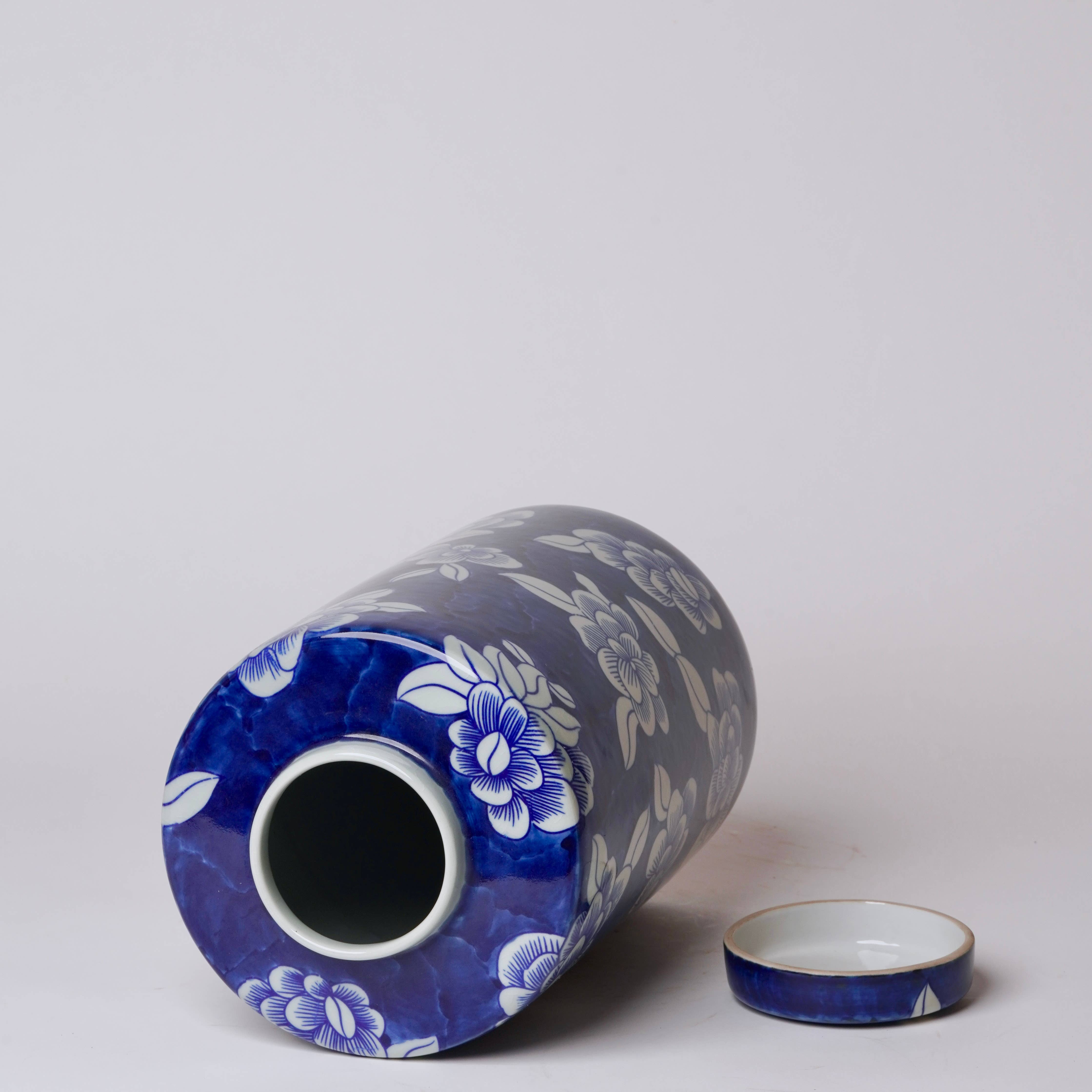 Cobalt Guild Home Decor Blue and White Camellia Porcelain Lidded Tea Canister