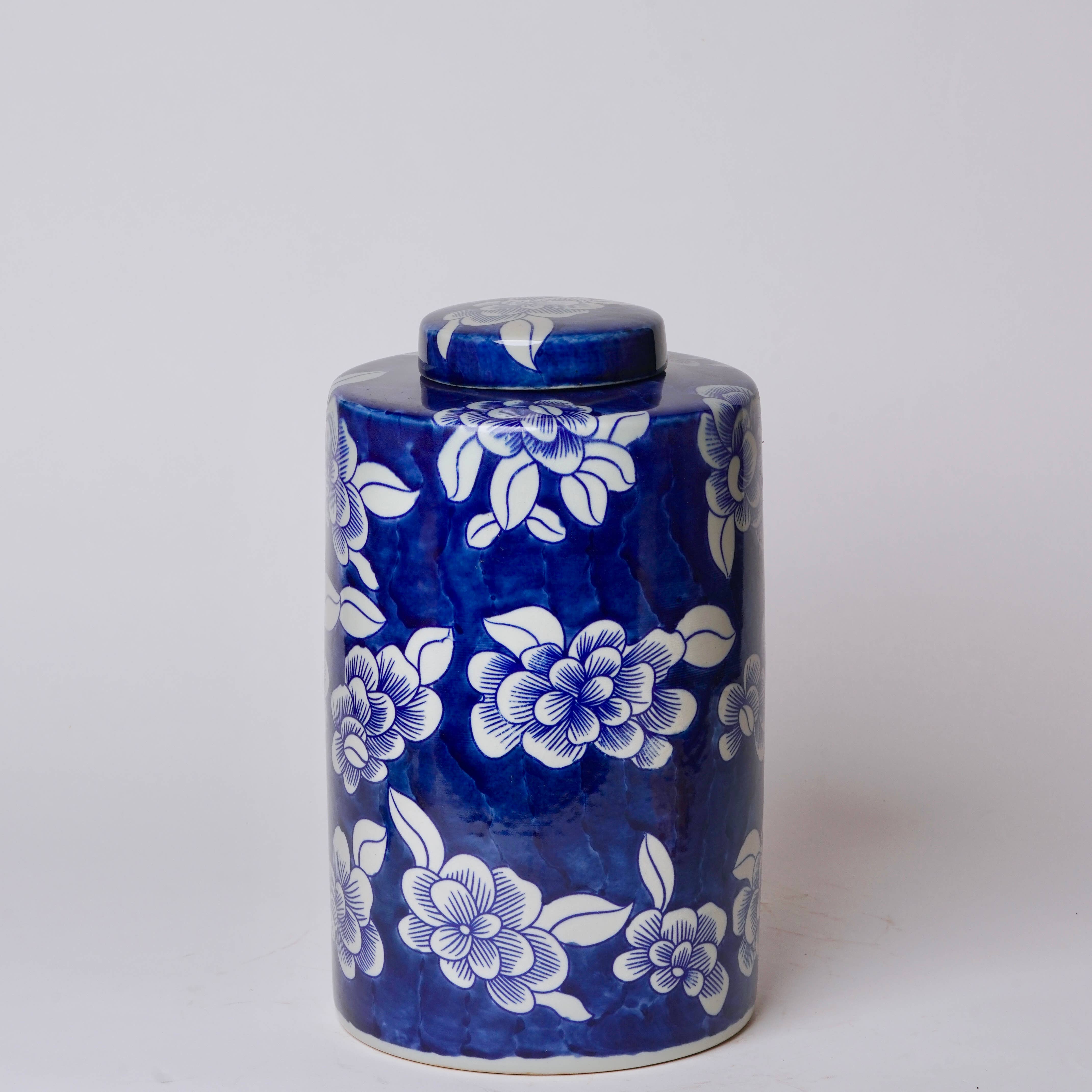 Cobalt Guild Home Decor Blue and White Camellia Porcelain Lidded Tea Canister