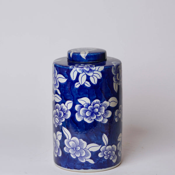 Cobalt Guild Home Decor Blue and White Camellia Porcelain Lidded Tea Canister