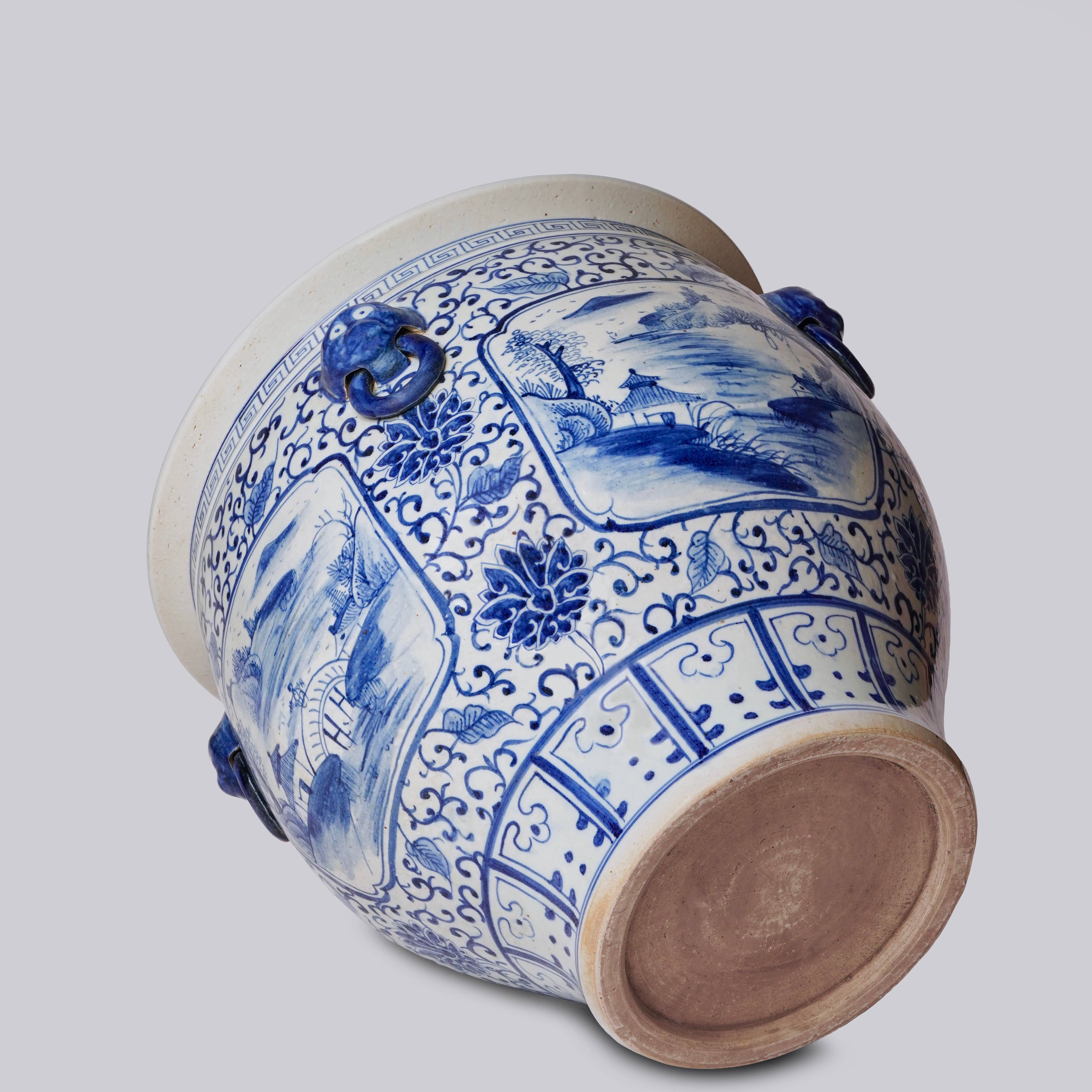 Cobalt Guild Home Decor Blue and White Landscape Cartouche Porcelain Planter