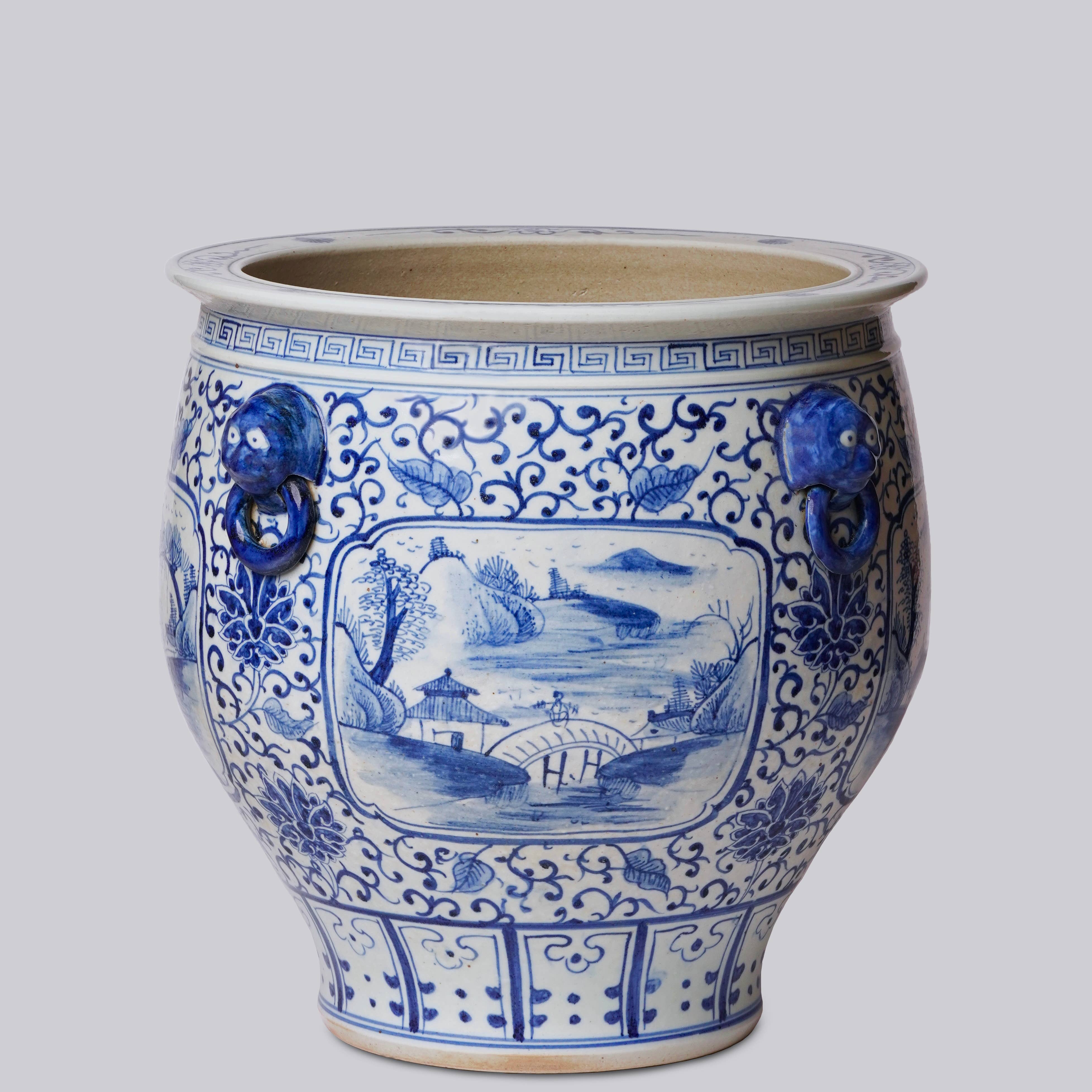 Cobalt Guild Home Decor Blue and White Landscape Cartouche Porcelain Planter