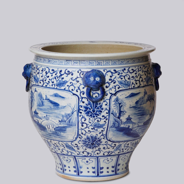 Cobalt Guild Home Decor Blue and White Landscape Cartouche Porcelain Planter