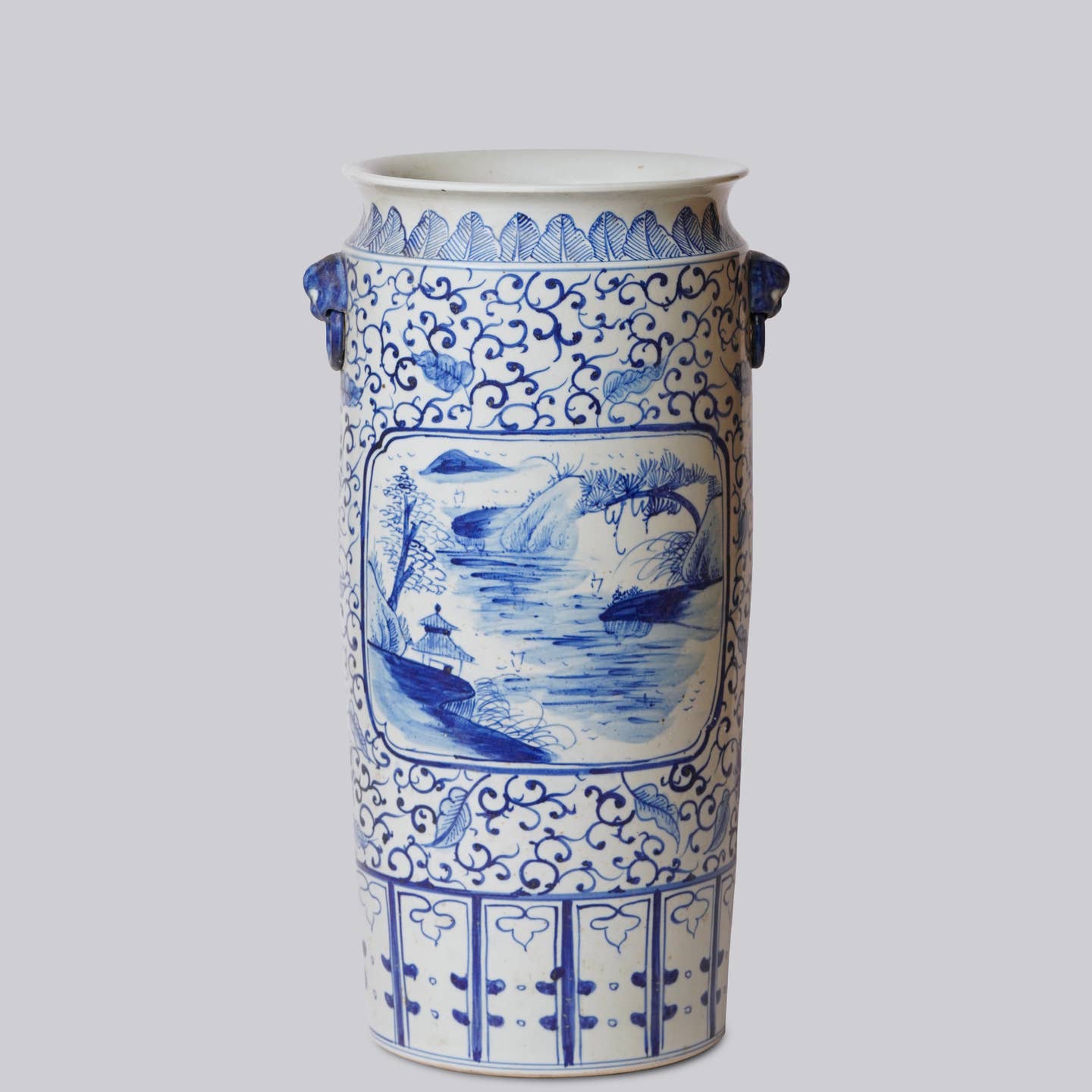 Cobalt Guild Home Decor Blue and White Landscape Cartouche Porcelain Umbrella Stand