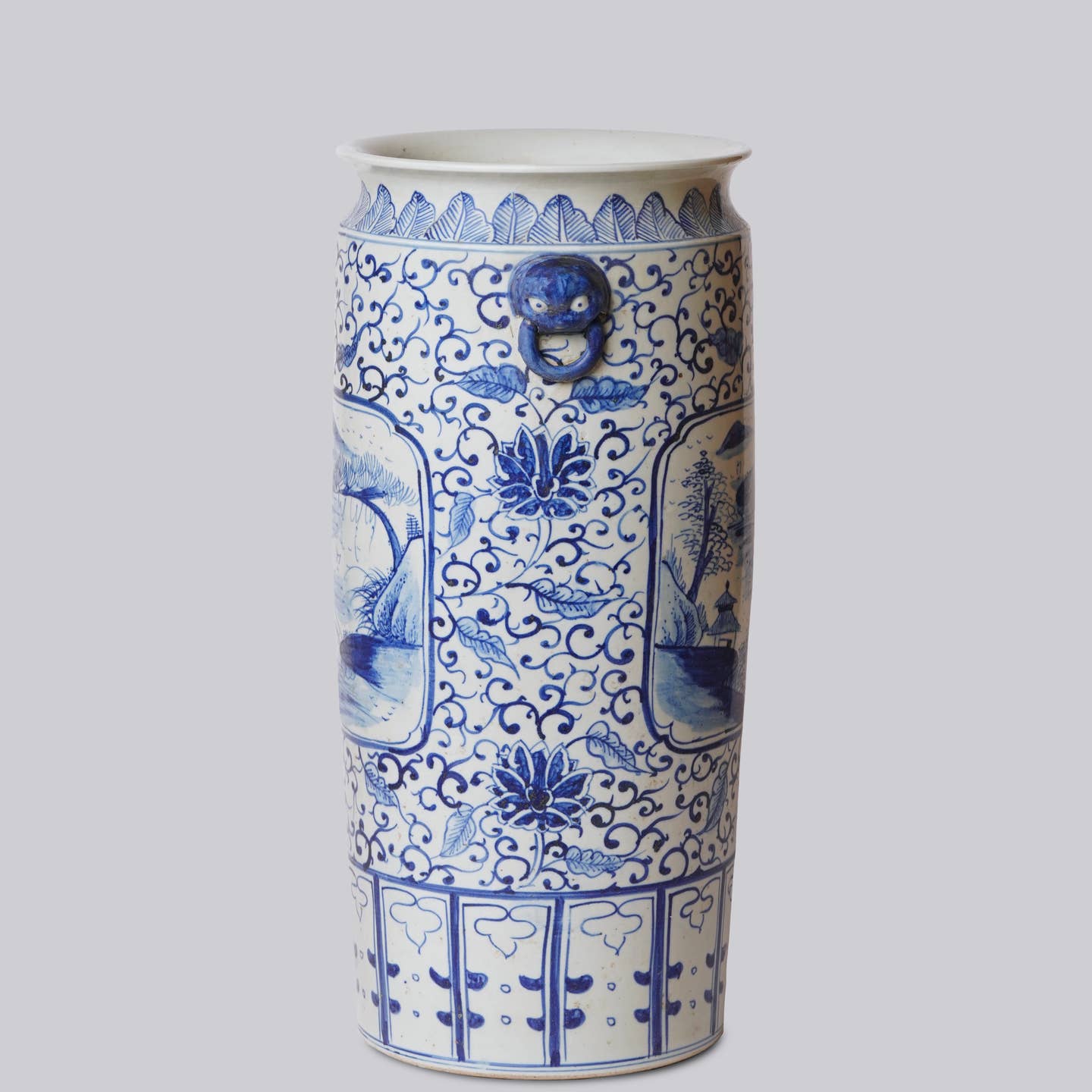 Cobalt Guild Home Decor Blue and White Landscape Cartouche Porcelain Umbrella Stand