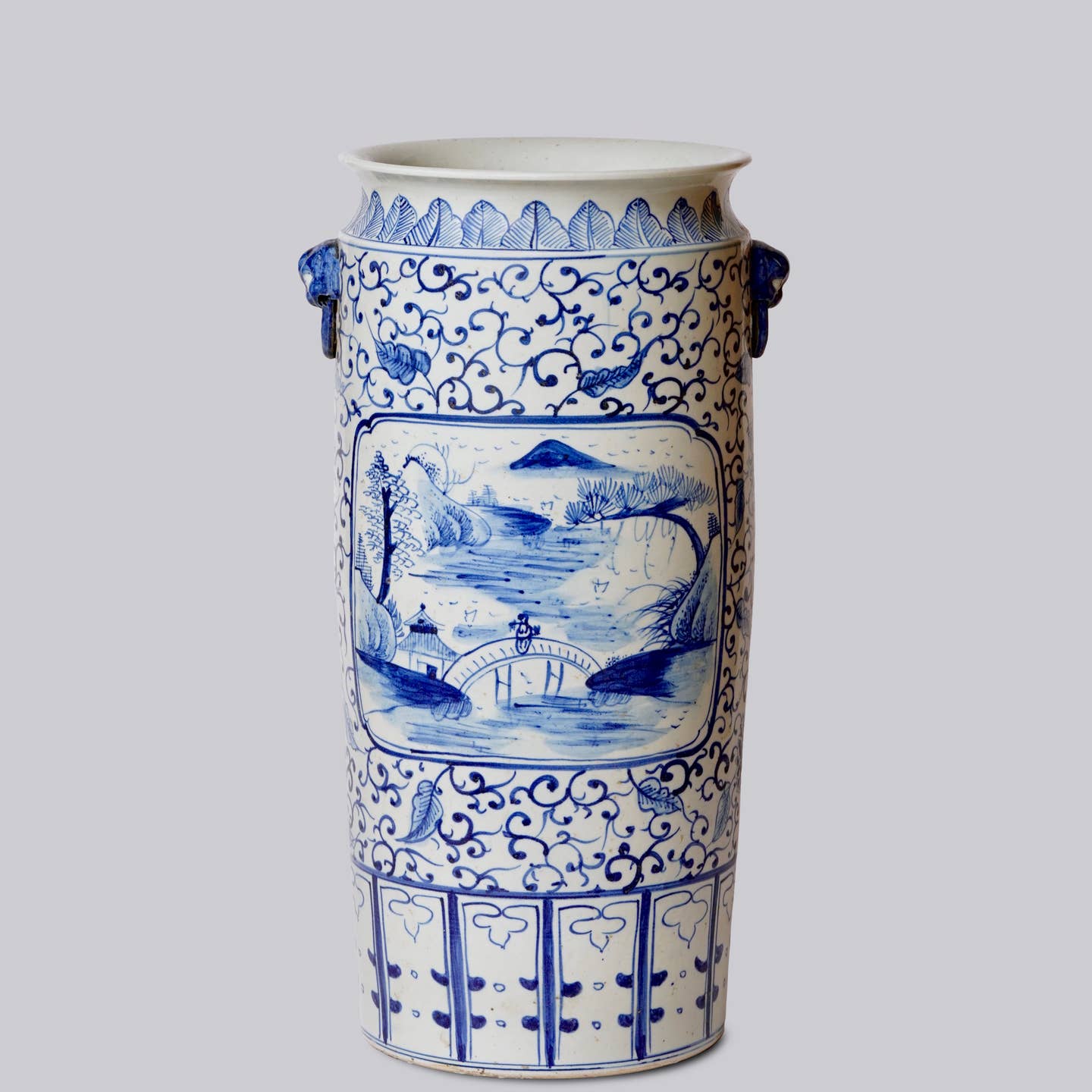 Cobalt Guild Home Decor Blue and White Landscape Cartouche Porcelain Umbrella Stand