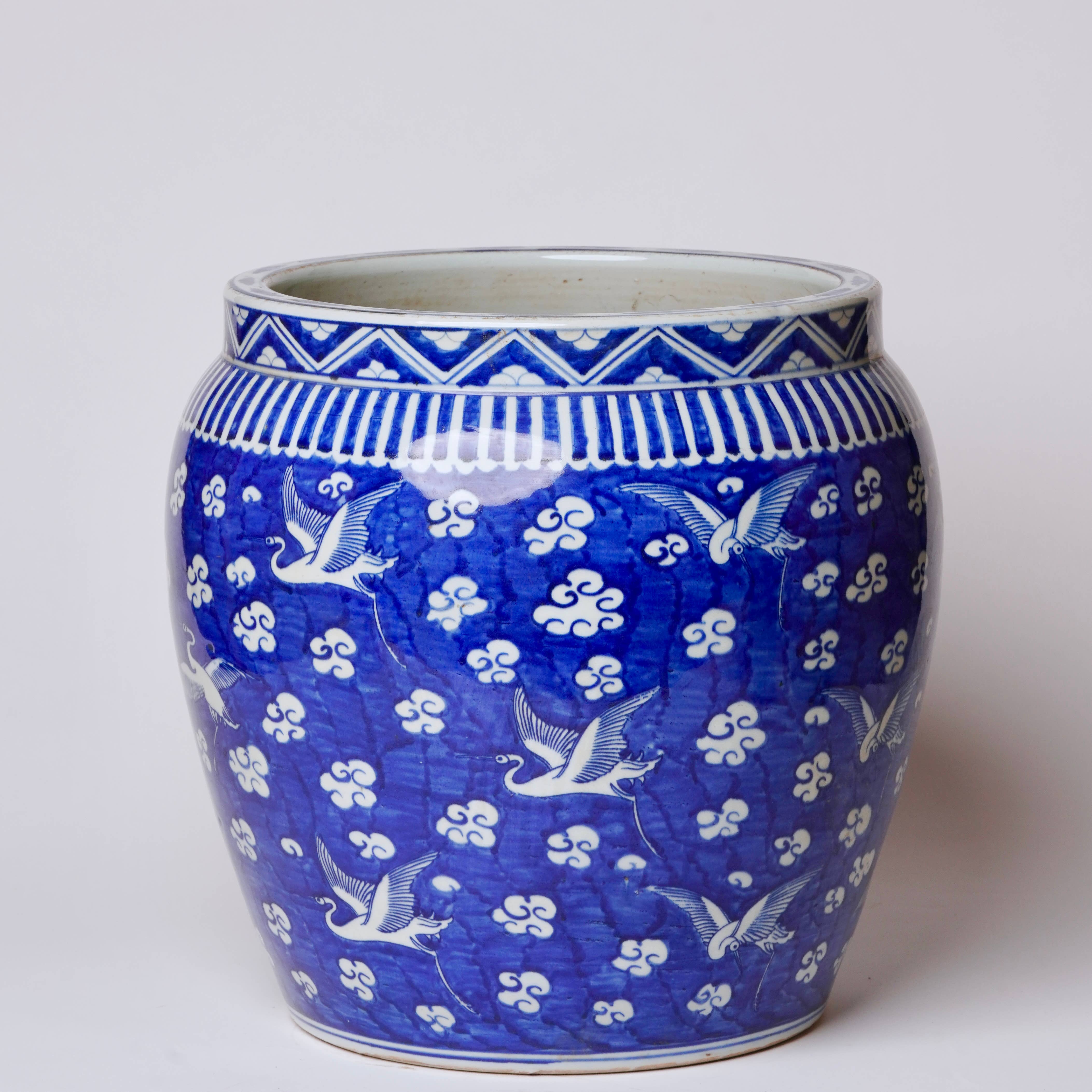 Cobalt Guild Home Decor Blue and White Porcelain Cranes and Clouds Planter