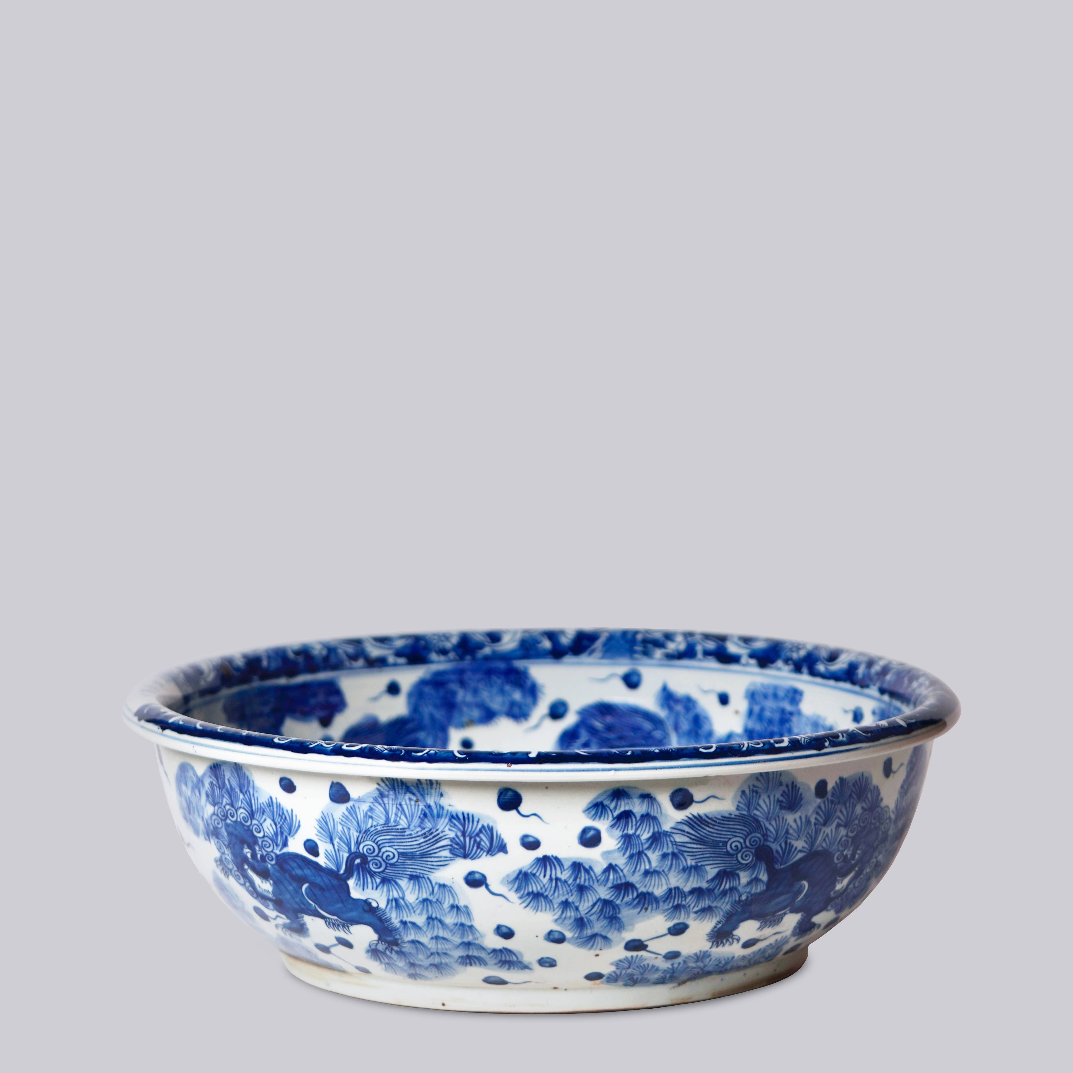 Cobalt Guild Home Decor Blue and White Porcelain Dancing Lion Low Bowl