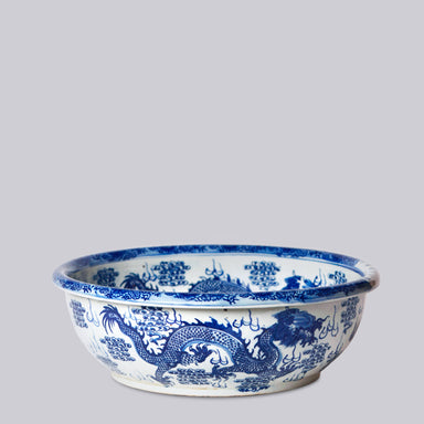 Cobalt Guild Home Decor Blue and White Porcelain Dragon and Pearl Low Bowl