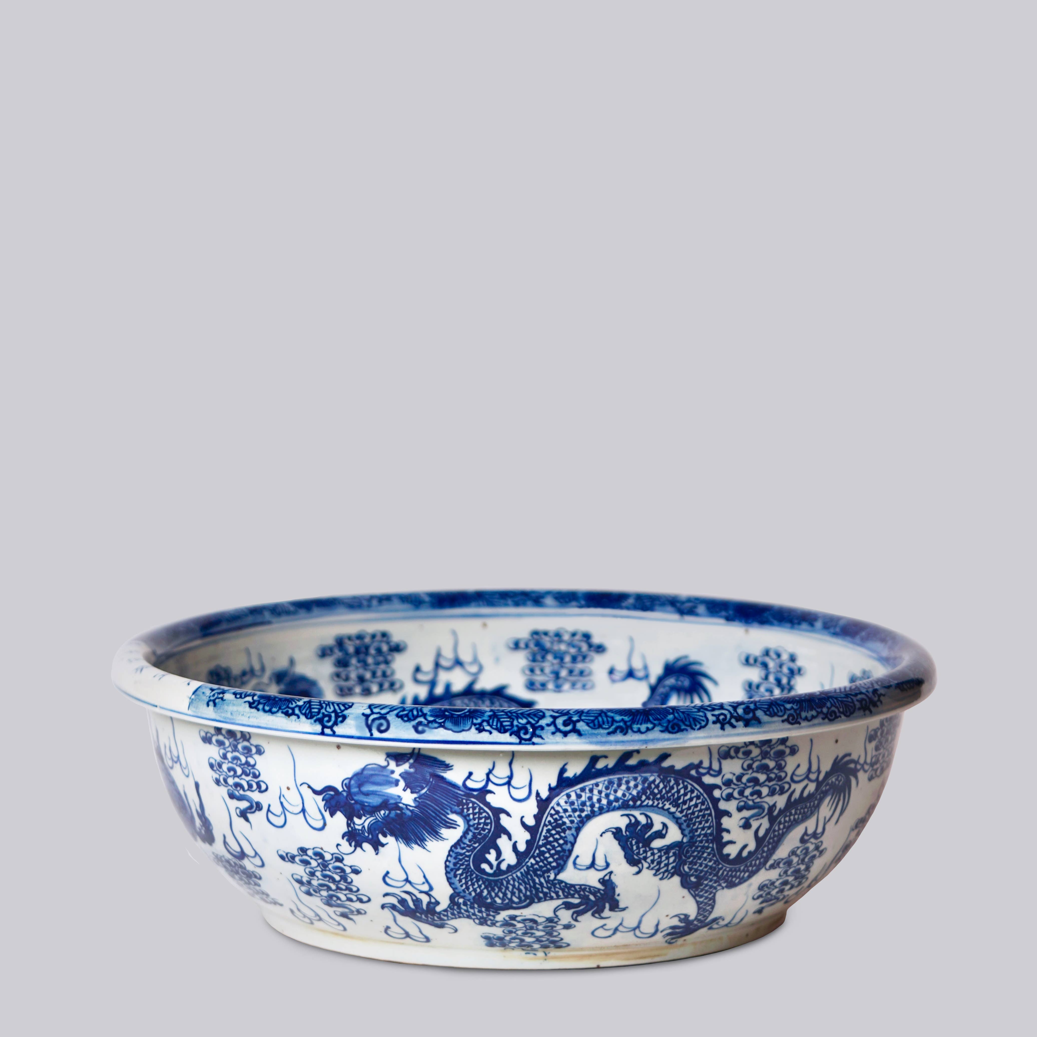 Cobalt Guild Home Decor Blue and White Porcelain Dragon and Pearl Low Bowl
