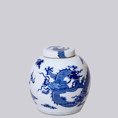 Cobalt Guild Home Decor Blue and White Porcelain Dragon Lidded Round Storage Jar