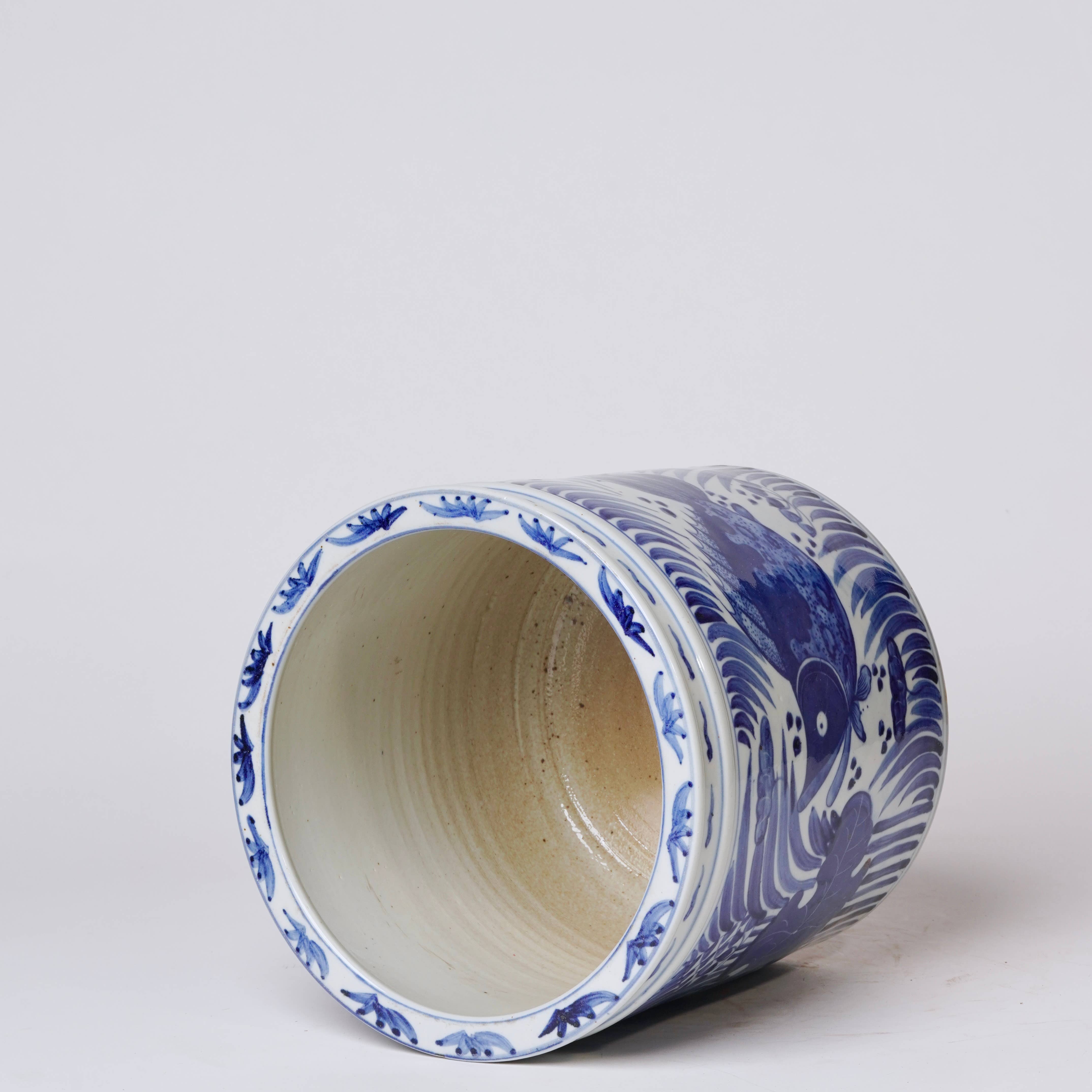 Cobalt Guild Home Decor Blue and White Porcelain Fish and Lotus Cachepot