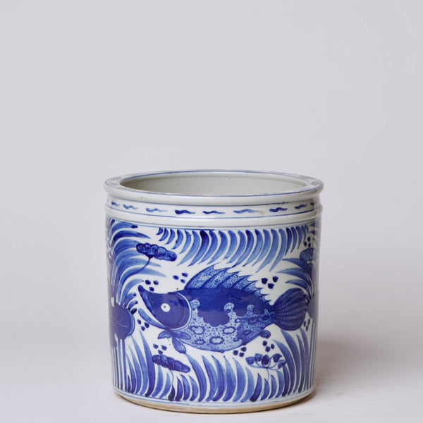 Cobalt Guild Home Decor Blue and White Porcelain Fish and Lotus Cachepot