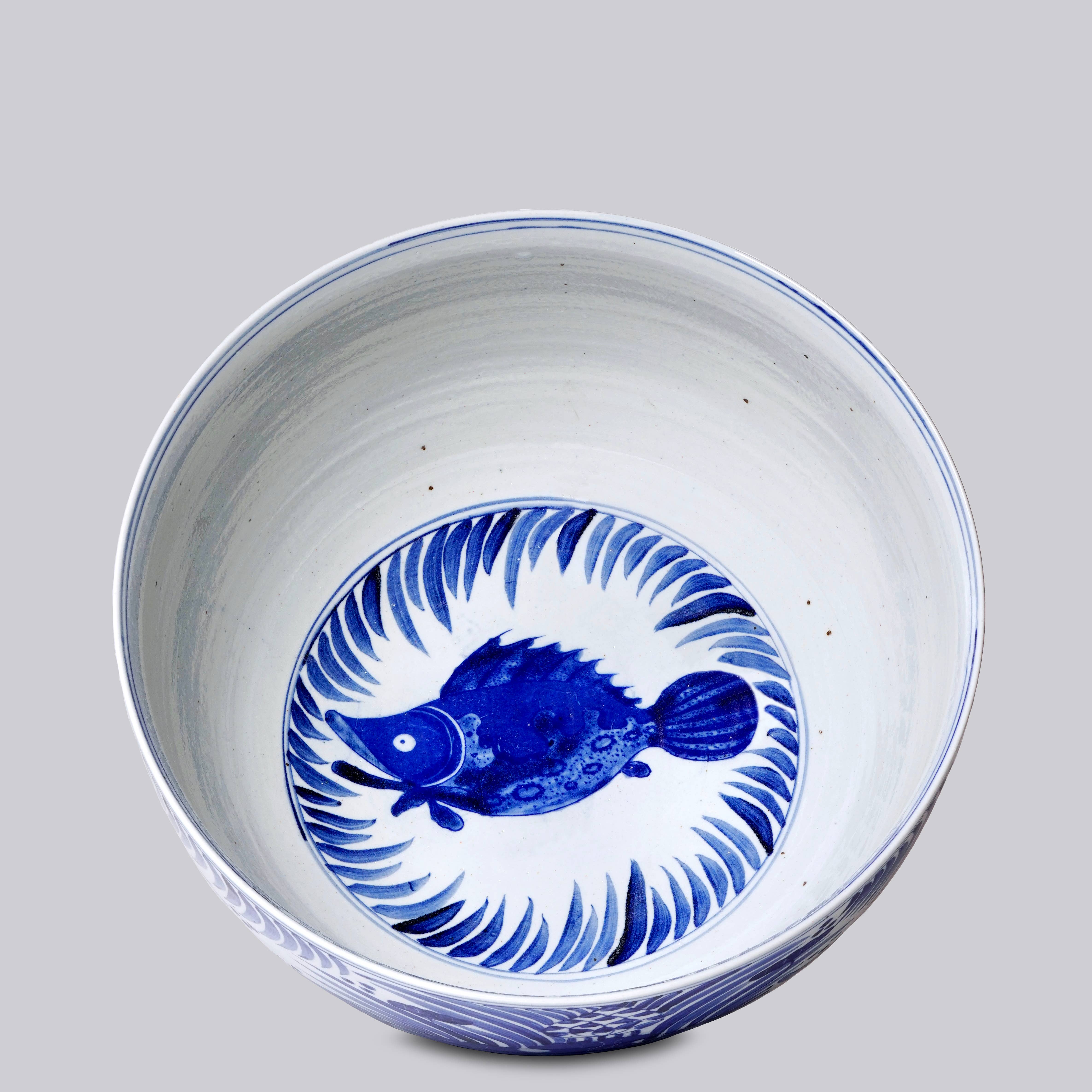 Cobalt Guild Home Decor Blue and White Porcelain Fish and Lotus Large Bowl