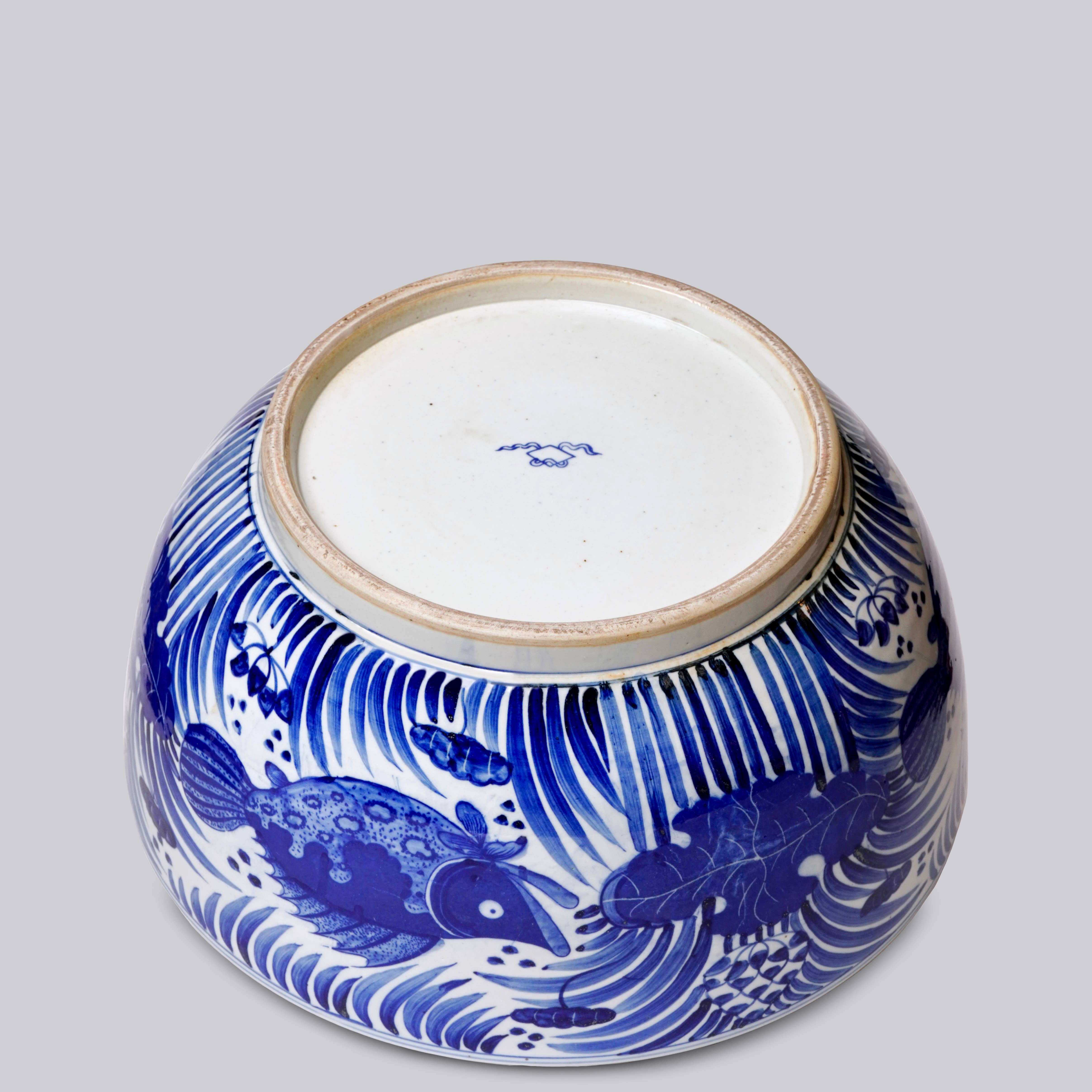 Cobalt Guild Home Decor Blue and White Porcelain Fish and Lotus Large Bowl