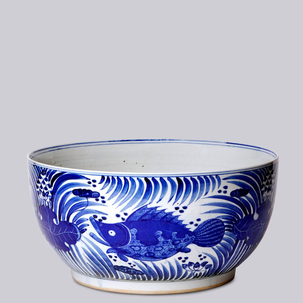 Cobalt Guild Home Decor Blue and White Porcelain Fish and Lotus Large Bowl