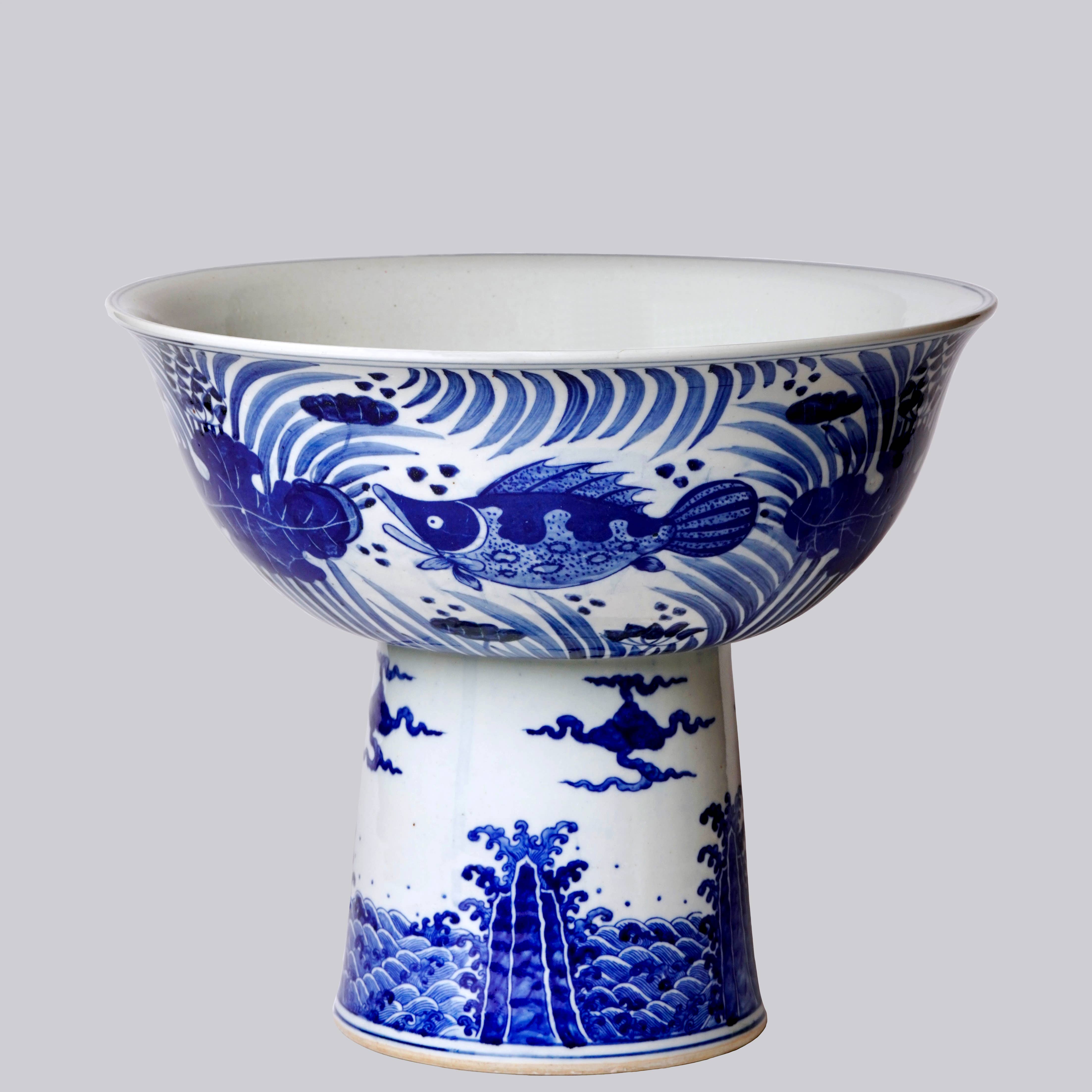 Cobalt Guild Home Decor Blue and White Porcelain Fish and Lotus Large Footed Bowl