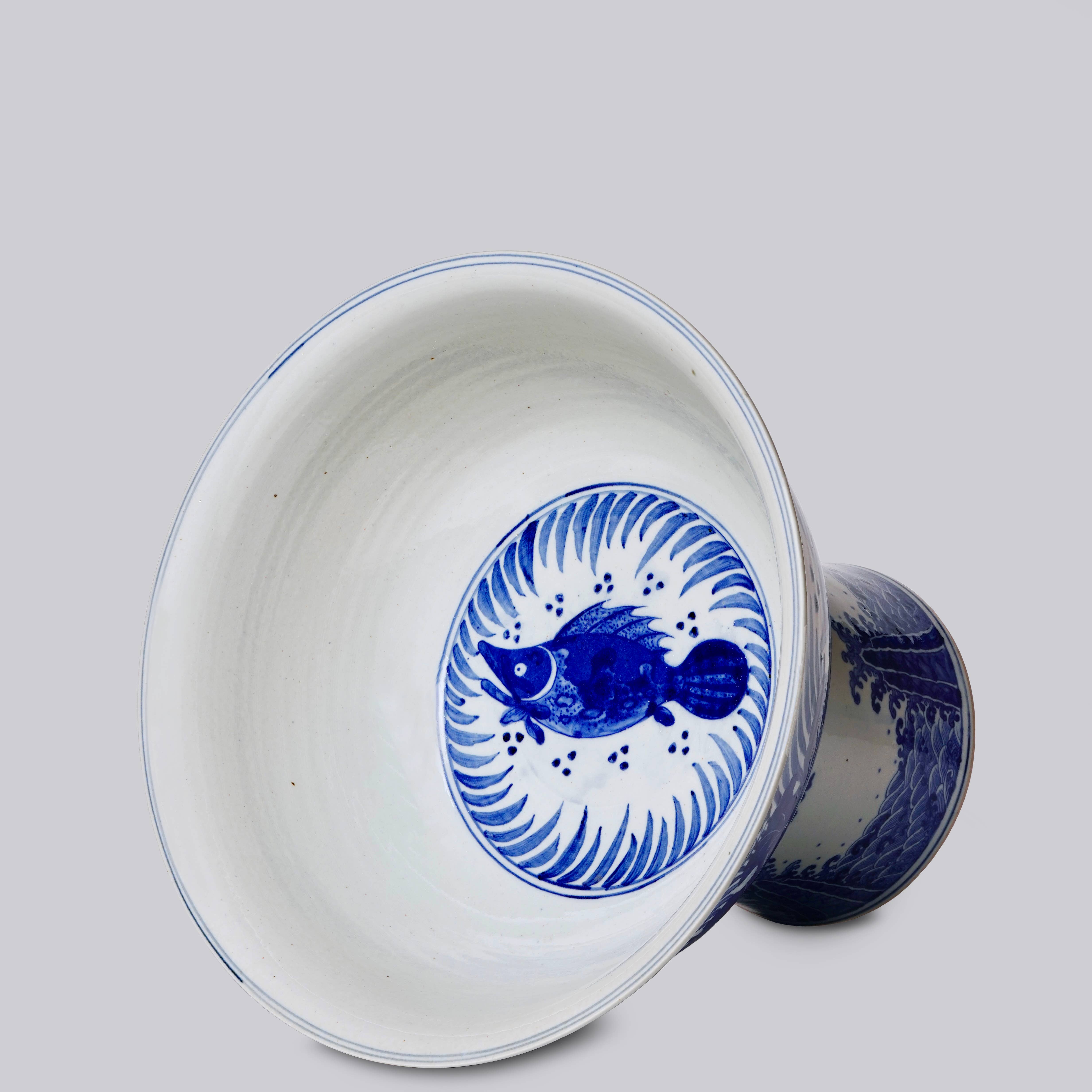 Cobalt Guild Home Decor Blue and White Porcelain Fish and Lotus Large Footed Bowl