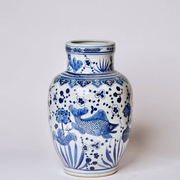 Cobalt Guild Home Decor Blue and White Porcelain Fish and Lotus Mallet Vase