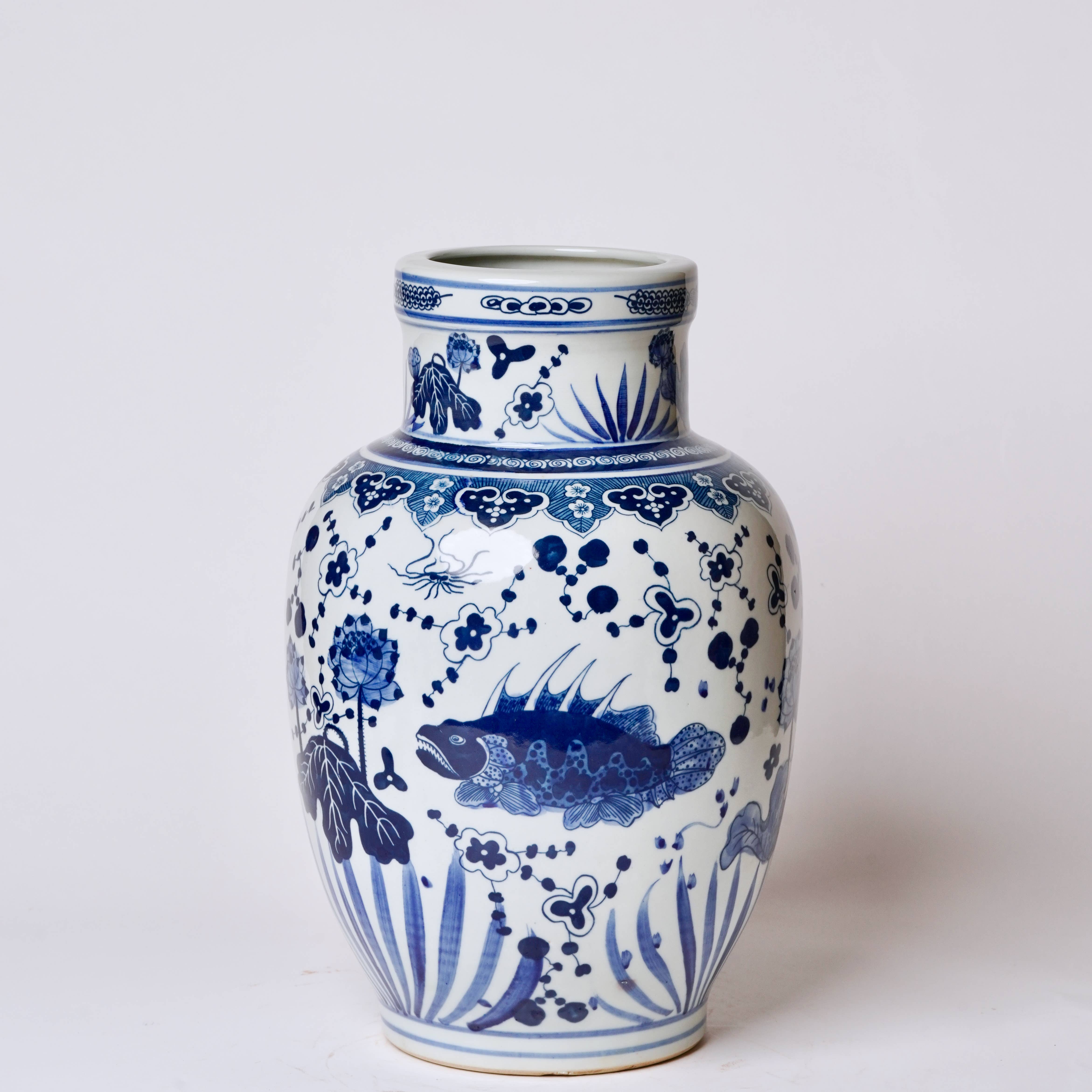 Cobalt Guild Home Decor Blue and White Porcelain Fish and Lotus Mallet Vase