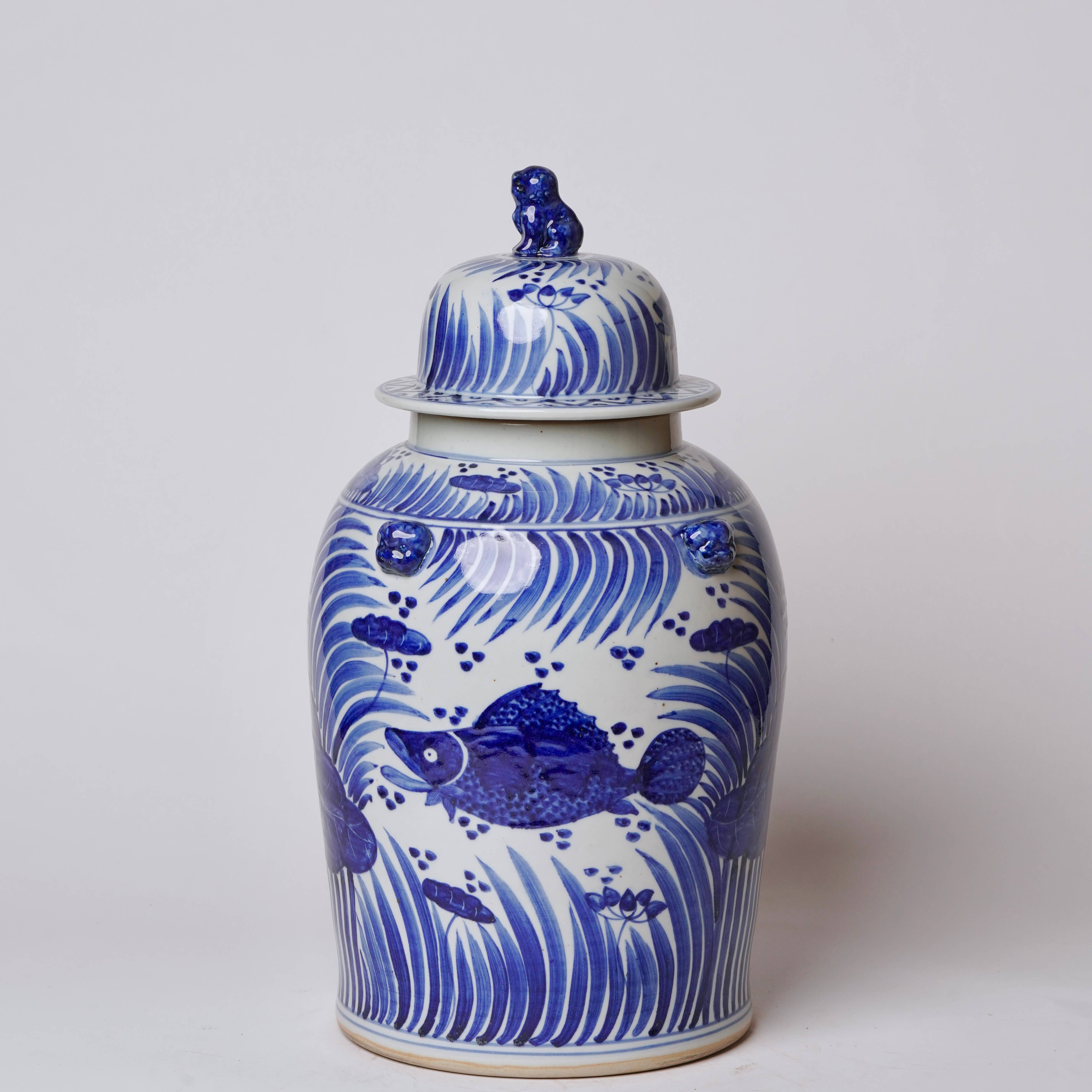 Cobalt Guild Home Decor Blue and White Porcelain Fish and Lotus Temple Jar