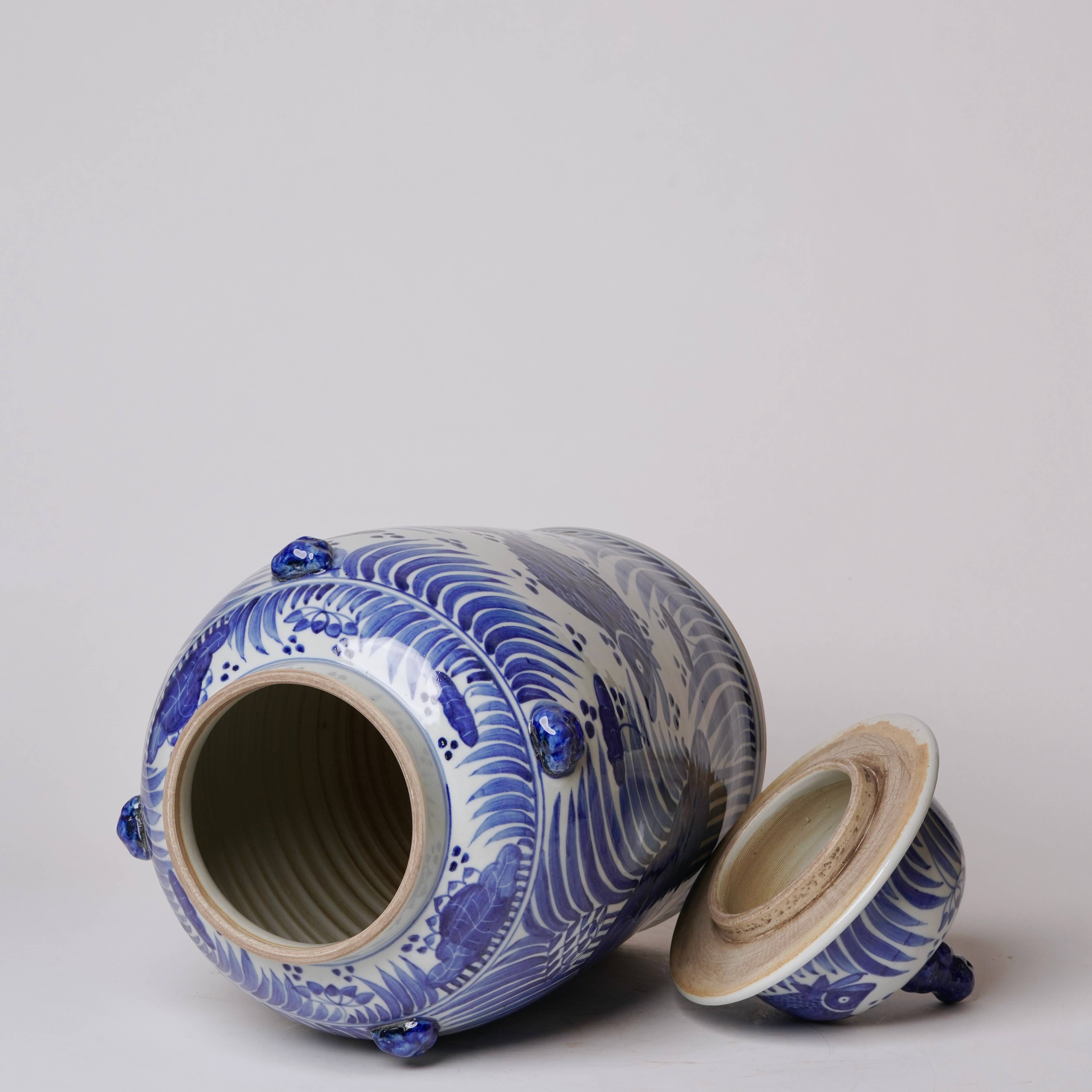 Cobalt Guild Home Decor Blue and White Porcelain Fish and Lotus Temple Jar