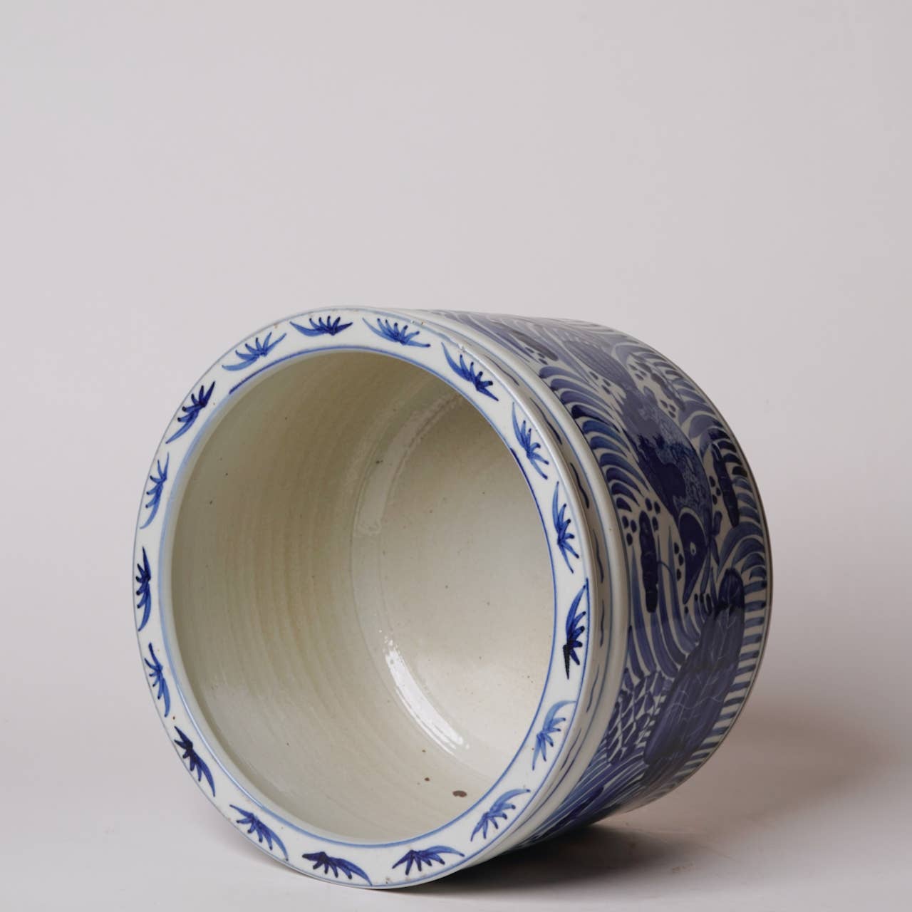Cobalt Guild Home Decor Blue and White Porcelain Fish and Lotus Wide Cachepot