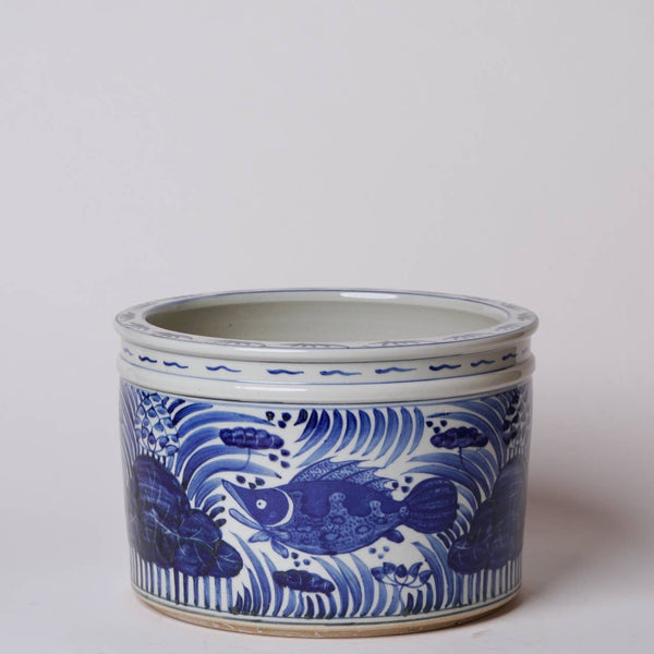 Cobalt Guild Home Decor Blue and White Porcelain Fish and Lotus Wide Cachepot