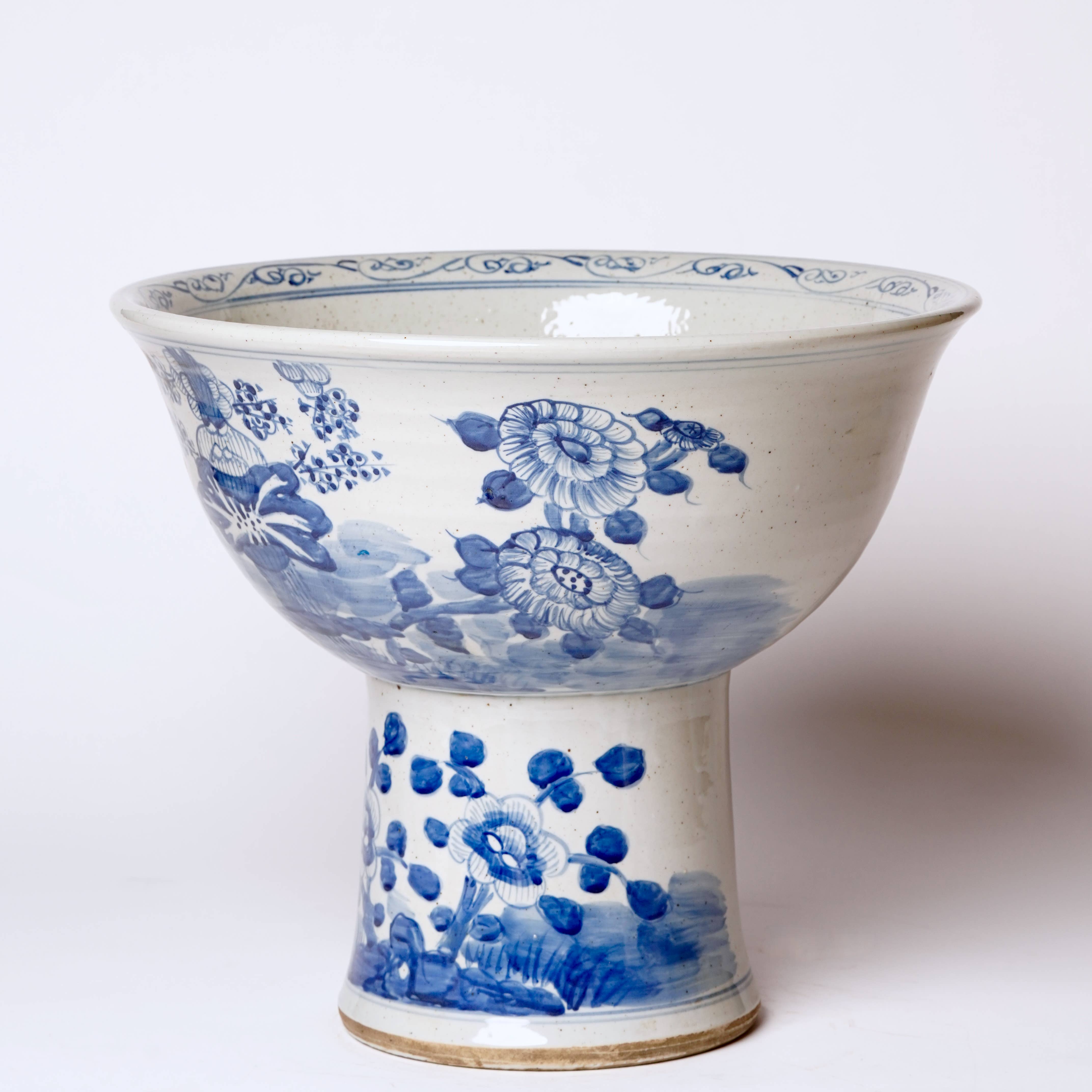 Cobalt Guild Home Decor Blue and White Porcelain Four Seasons Footed Bowl