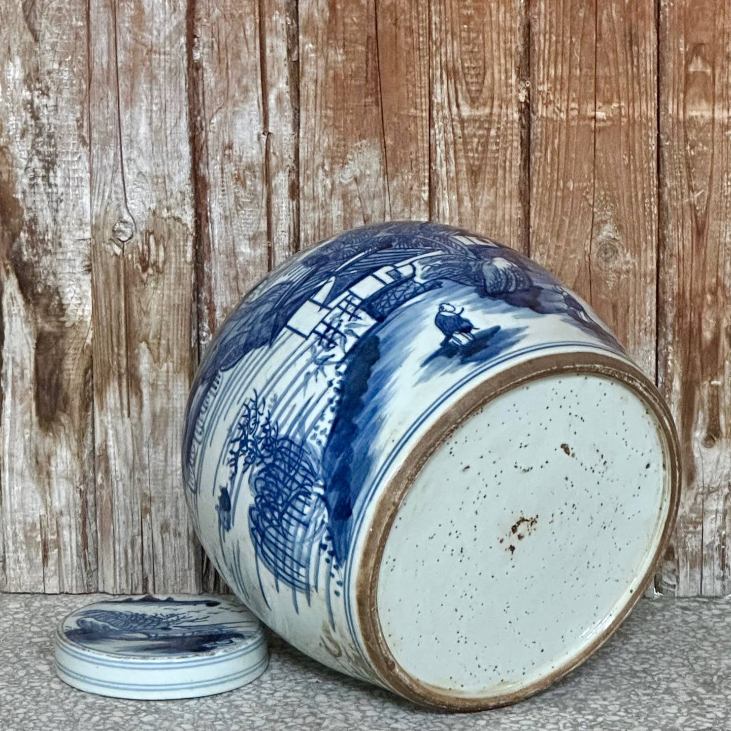 Cobalt Guild Home Decor Blue and White Porcelain Landscape Lidded Round Storage Jar