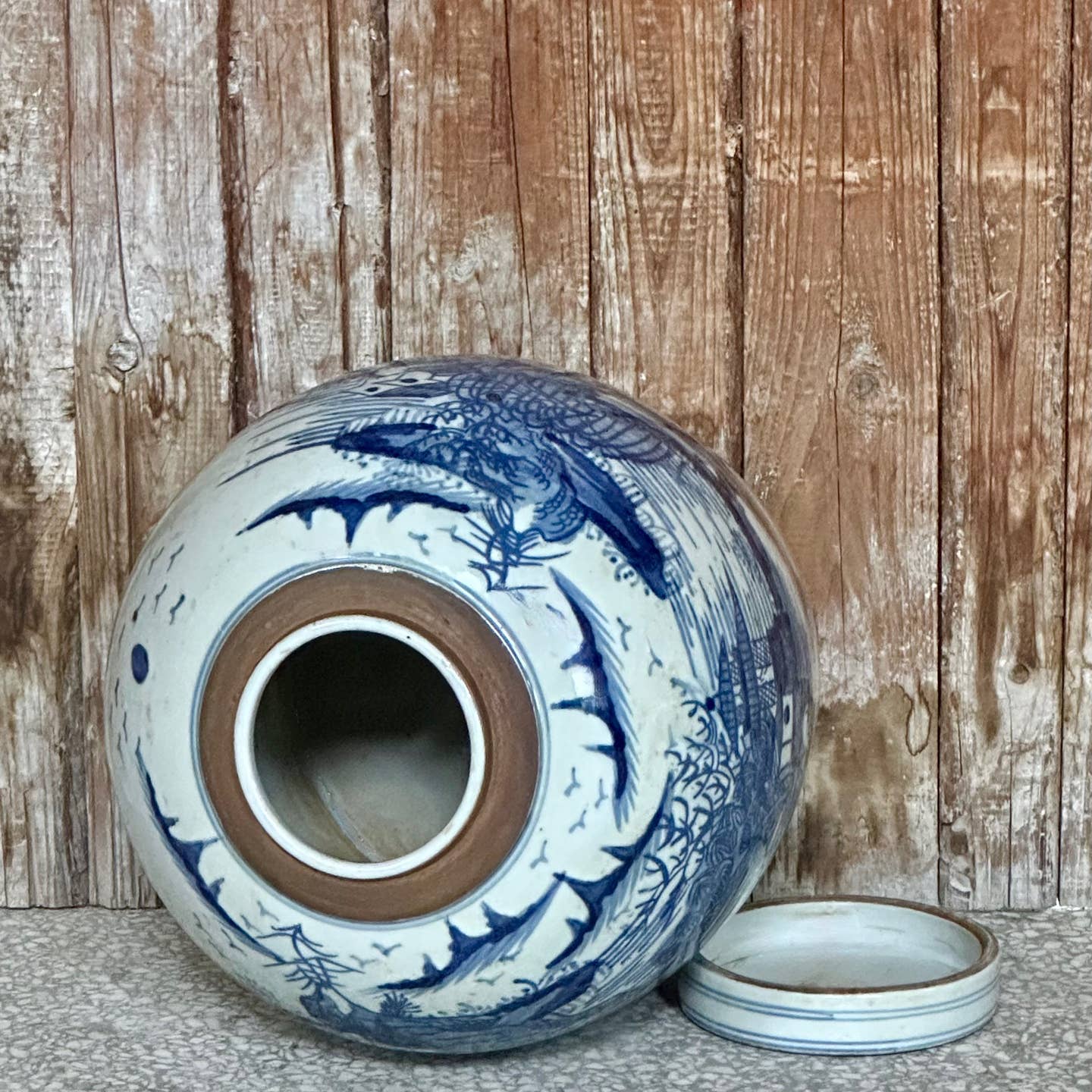 Cobalt Guild Home Decor Blue and White Porcelain Landscape Lidded Round Storage Jar